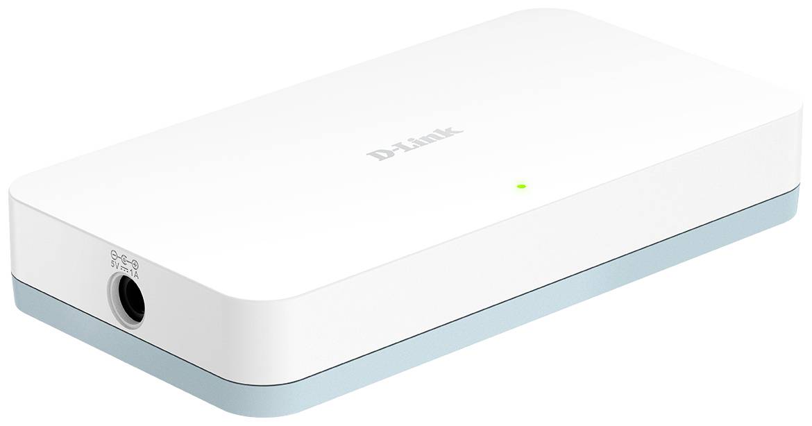 Ein weißer, rechteckiger Netzwerkswitch von D-Link mit einem grünen LED-Indikator auf der Oberseite.