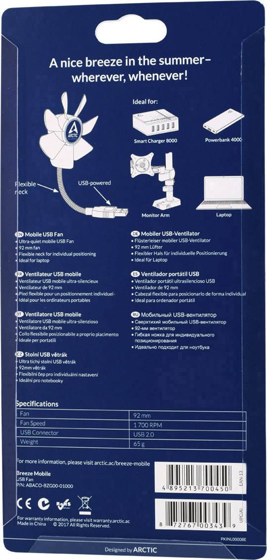 Arctic Breeze Mobile USB-Lüfter (B x H x T) 86 x 205 x 22mm
