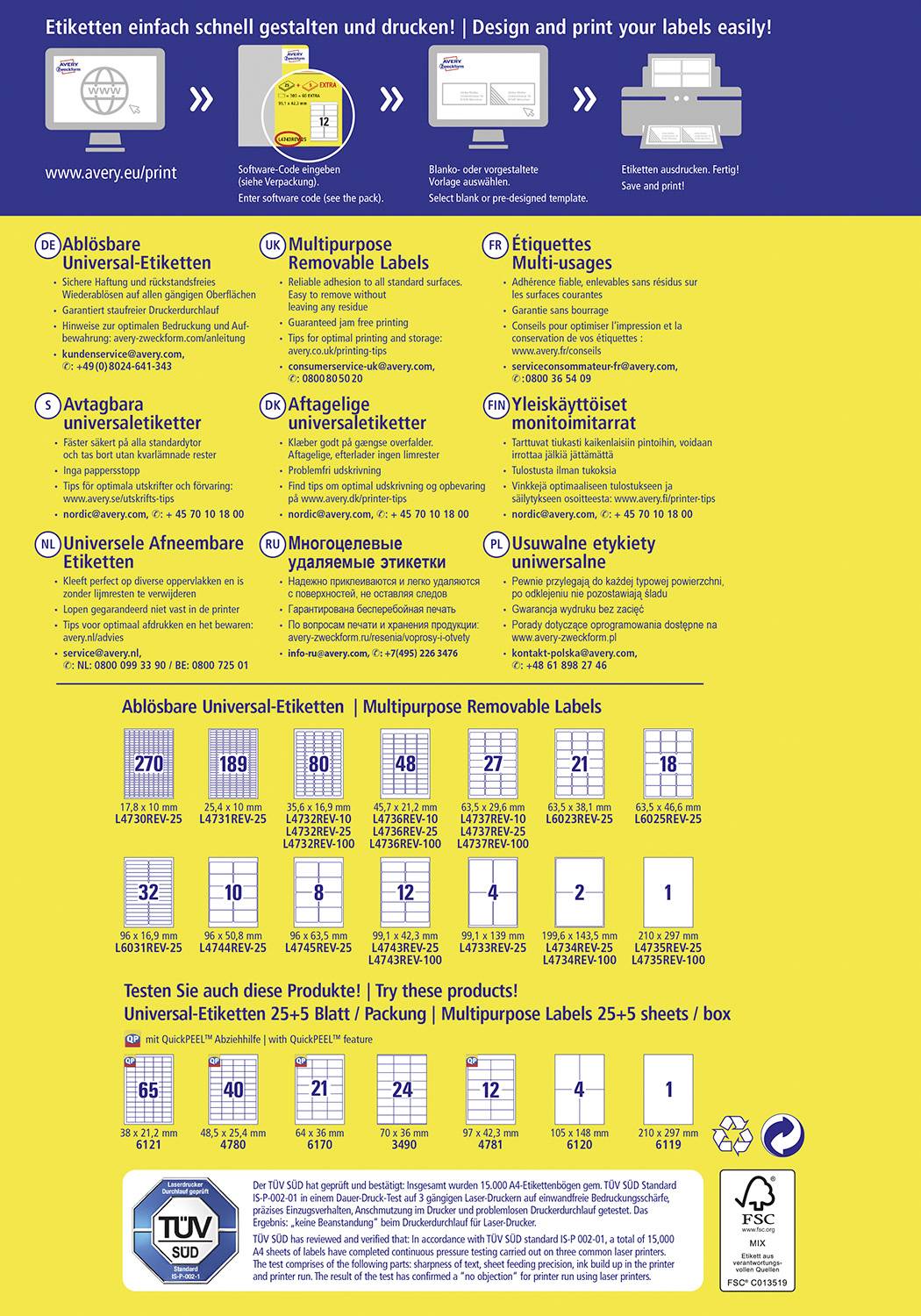 Avery-Zweckform L4732REV-25 Universal-Etiketten 35.6 x 16.9mm Papier Weiß 2400 St. Wiederablösbar Tintenstrahldrucker