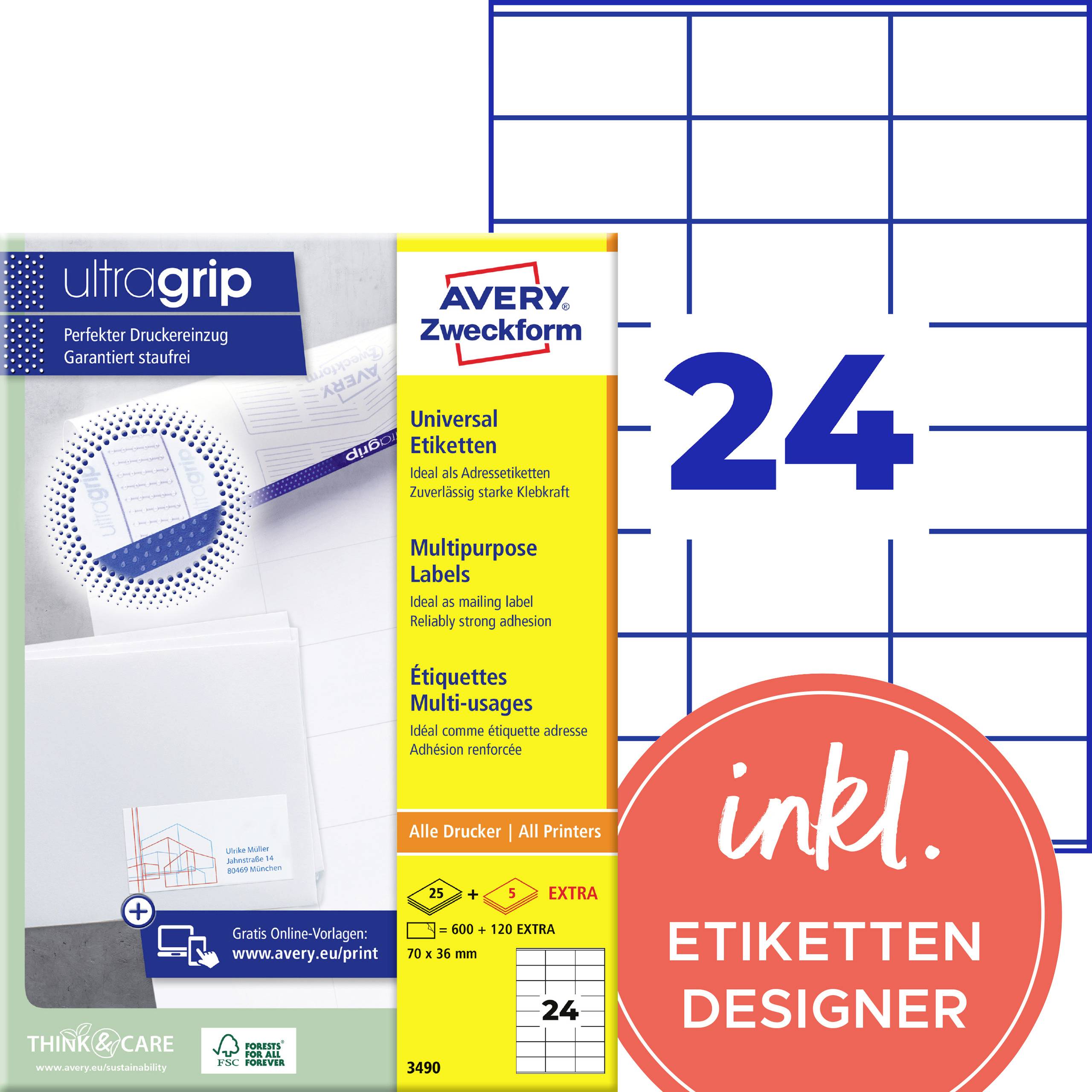 Avery Zweckform Ultragrip universelle Mehrzwecketiketten Packung für alle Drucker, 24 Etiketten, mit enthaltener 'Etiketten Designer' Software.