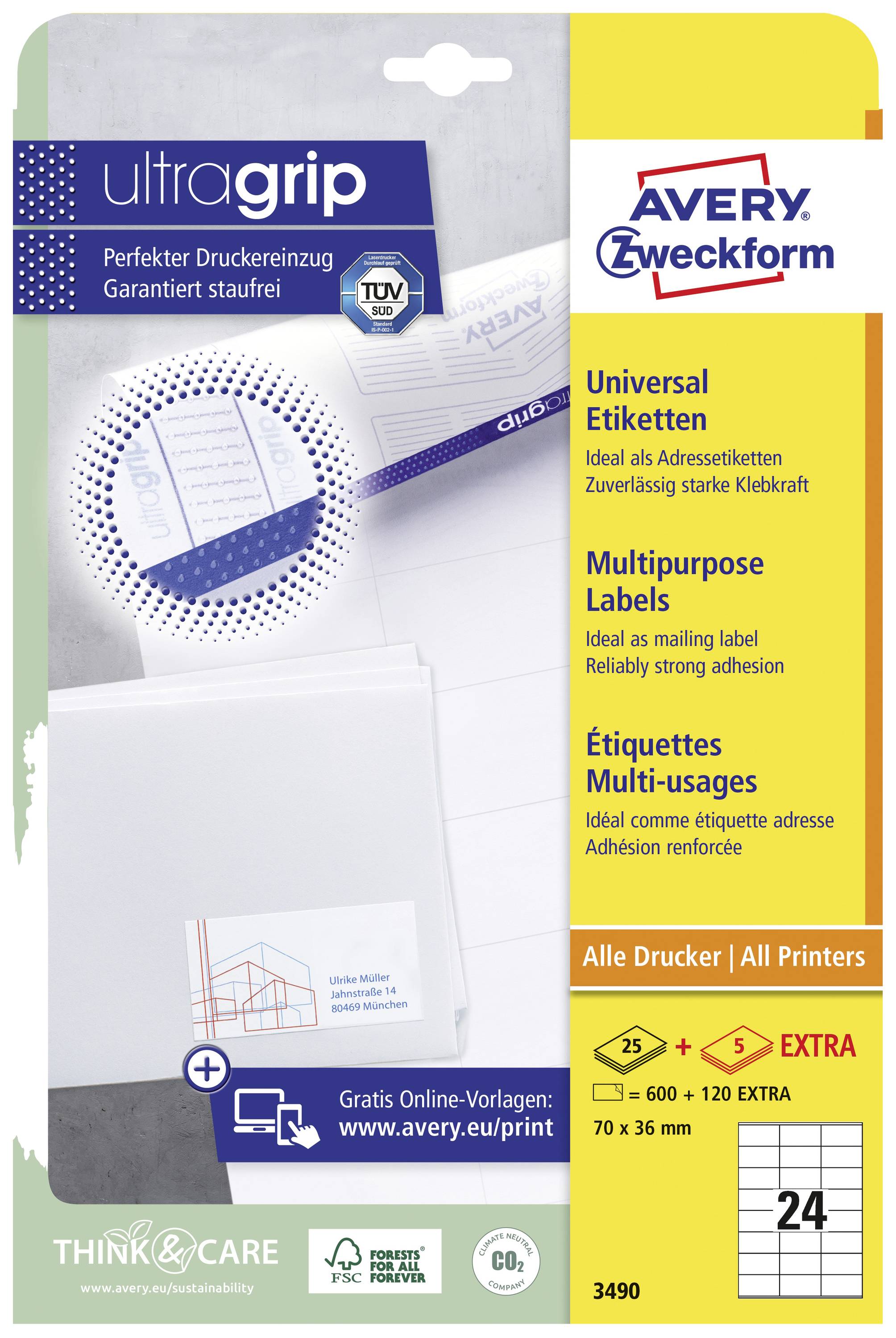 Avery-Zweckform 3490 Universal-Etiketten 70 x 36mm Papier Weiß 720 St. Permanent haftend Tintenstrahldrucker, Laserdrucker