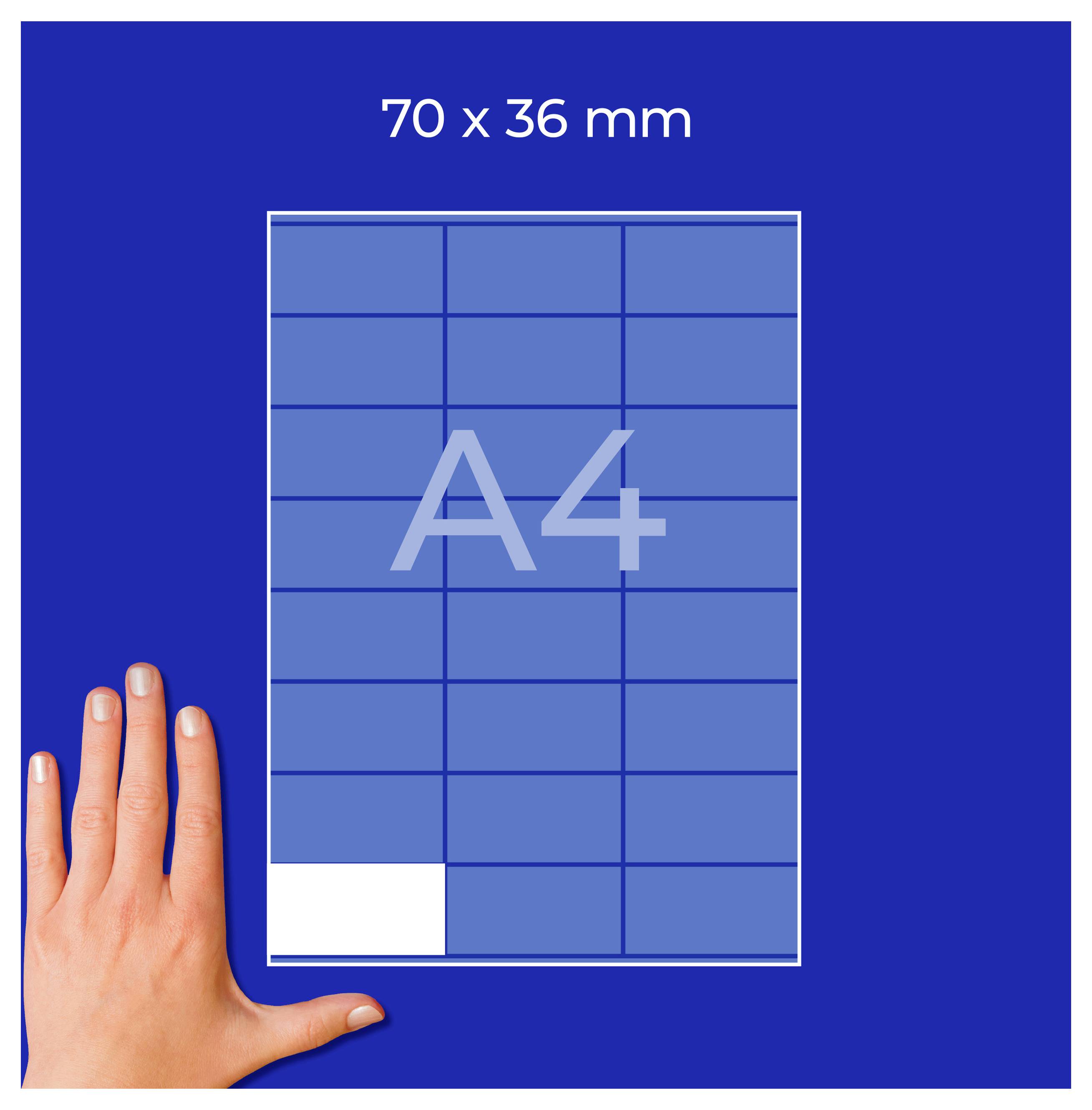 Grafische Darstellung eines 70 x 36 mm großen A4-Ausschnitts; Hand zeigt die geringe Größe im Vergleich zum Blatt.