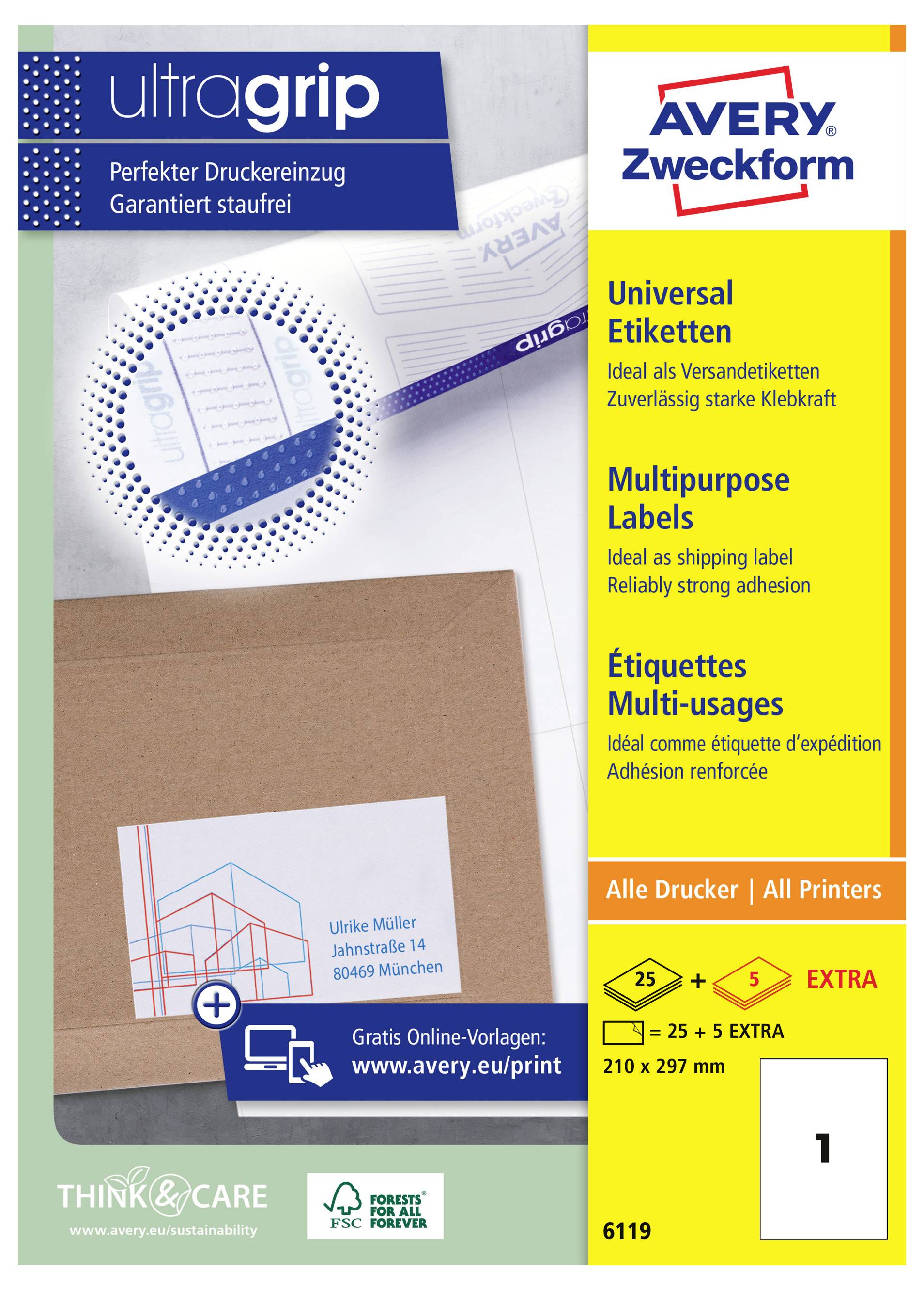Avery Zweckform 'ultragrip' universelle Etiketten Packung mit vielseitigen Versandetiketten, starke Haftung, für alle Drucker, 210 x 297 mm, 25 + 5 Extrablätter.