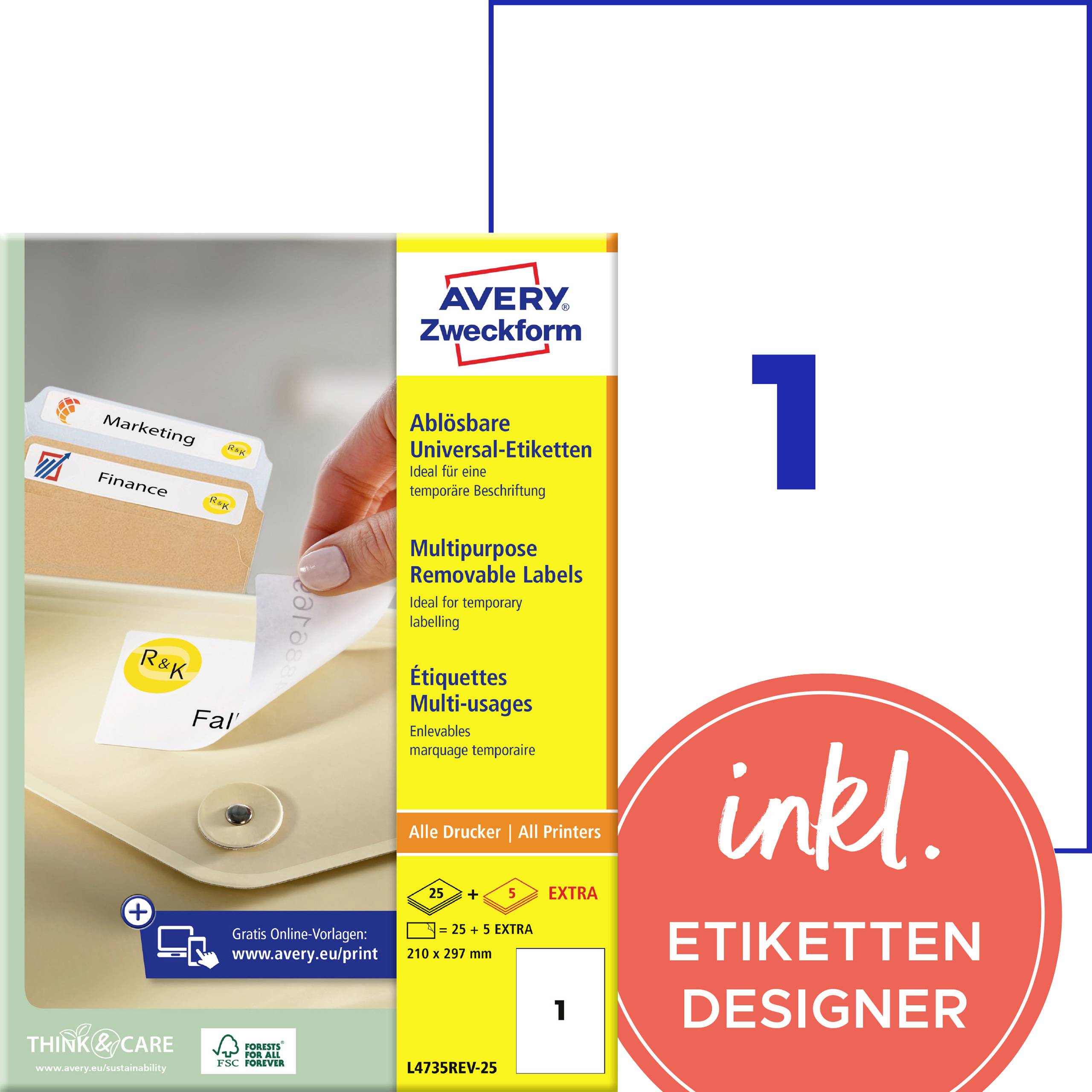 Avery Zweckform Universaleetiketten-Packung, Größe 1, mit enthaltenem Online-Etikettengenerator.