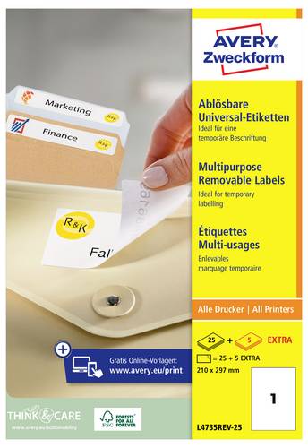 Avery-Zweckform L4735REV-25 Universal-Etiketten 210 x 297 mm Papier Weiß 30 St. Wiederablösbar Tint