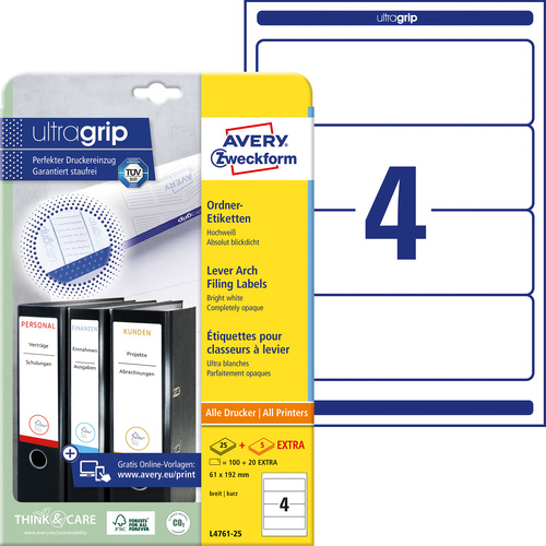Avery-Zweckform Etiquette pour classeur L4761-25 61 x 192 mm papier blanc fixation permanente 120 pc(s)