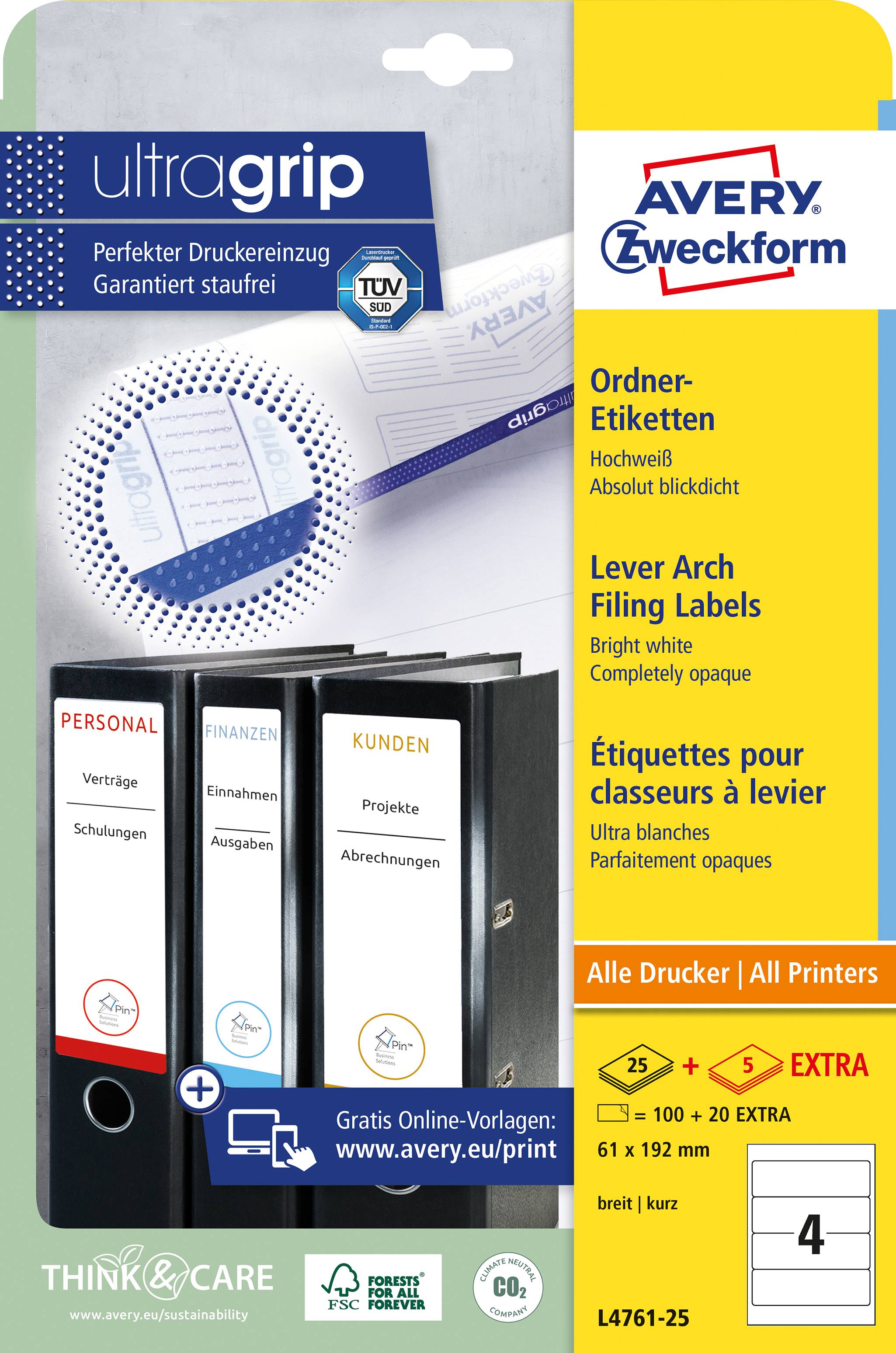 Avery-Zweckform Ordner-Etiketten L4761-25 61 x 192mm Papier Weiß Permanent haftend 120St.