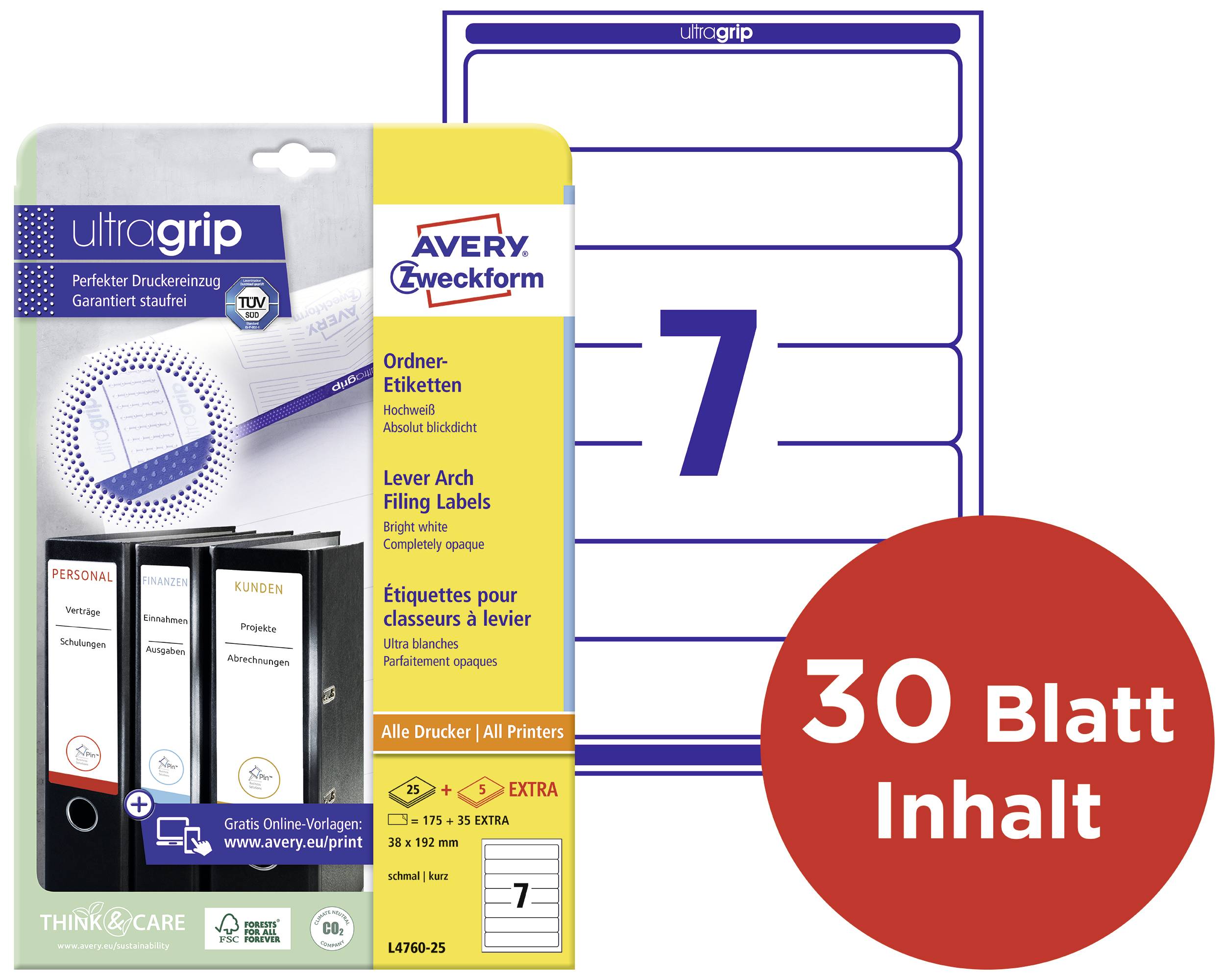 Avery-Zweckform Ordner-Etiketten L4760-25 38 x 192mm Papier Weiß Permanent haftend 210St.