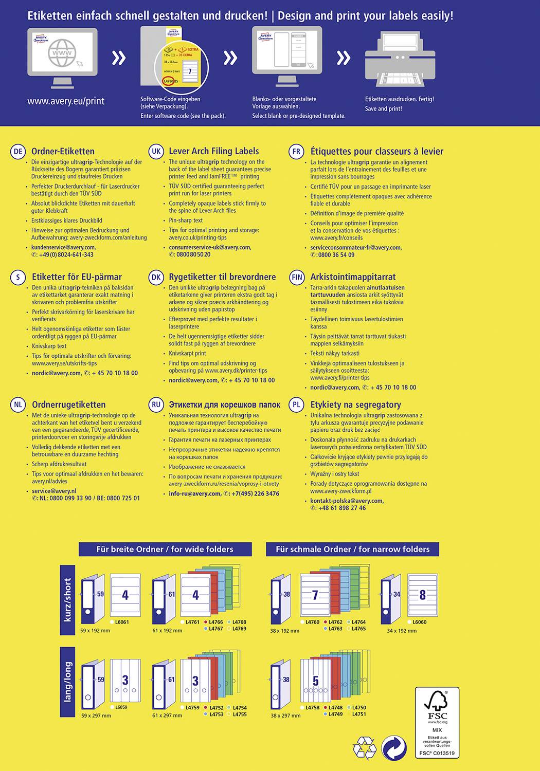 Avery-Zweckform Ordner-Etiketten L4760-25 38 x 192mm Papier Weiß Permanent haftend 210St.