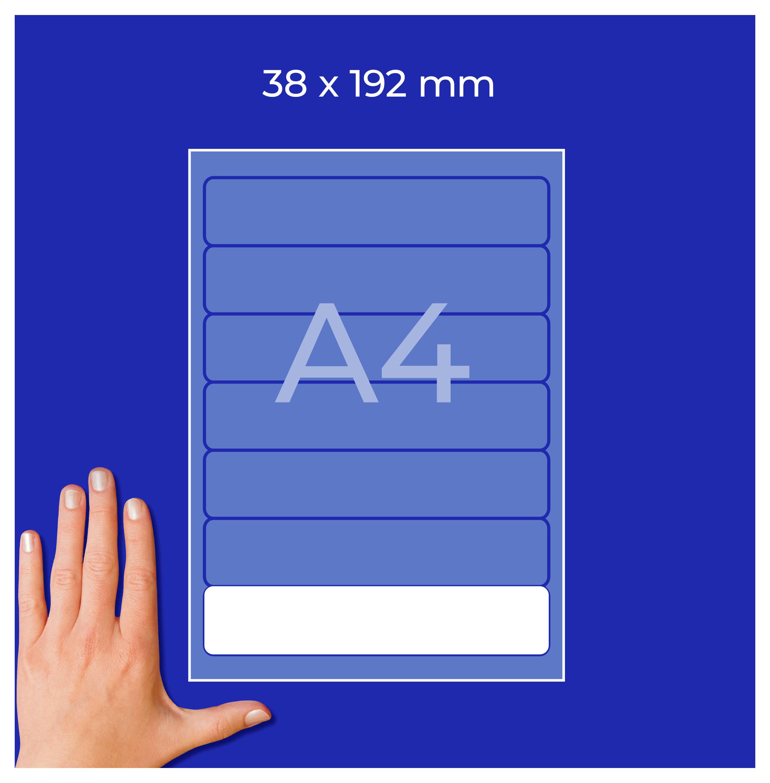 A4-Aufkleberformat 38 x 192 mm mit aufgedrucktem 'A4' und Hand als Größenvergleich auf blauem Hintergrund.