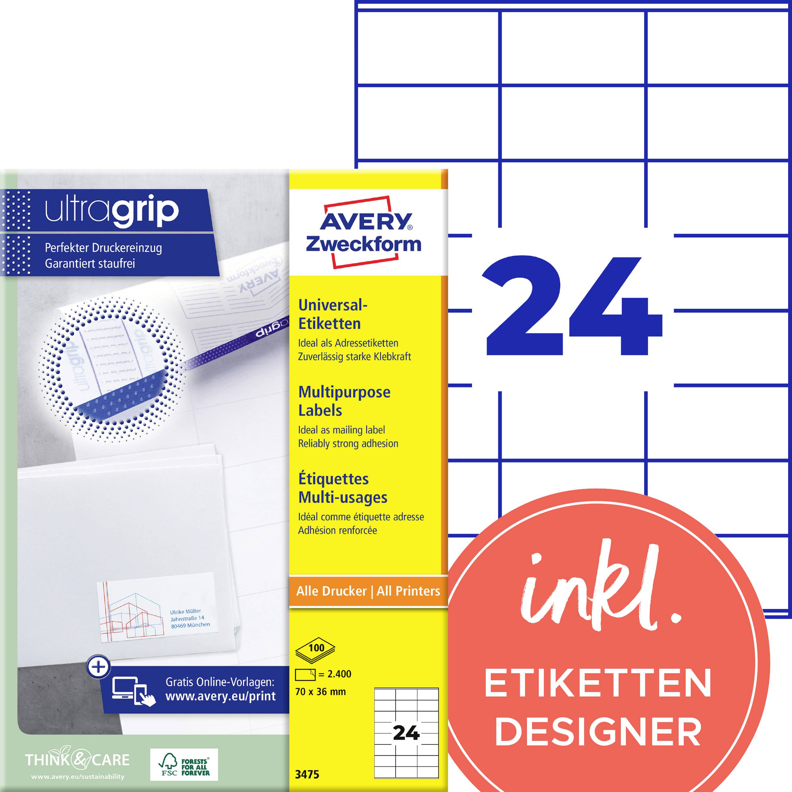 Verpackung für Avery Zweckform Universaletiketten, 24er-Packung, für alle Drucker, mit enthaltenem Etikettdesigner.
