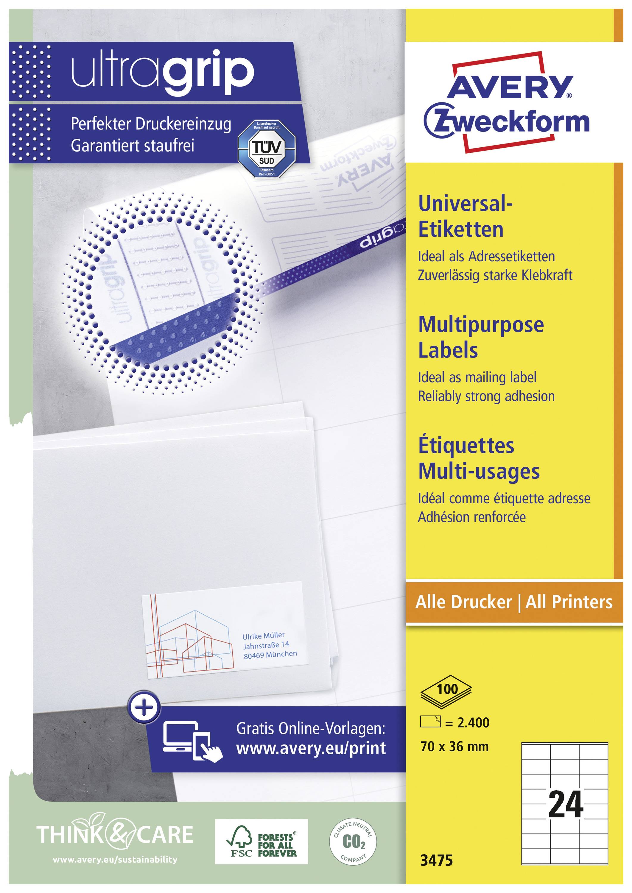 Avery-Zweckform 3475 Universal-Etiketten 70 x 36mm Papier Weiß 2400 St. Permanent haftend Tintenstrahldrucker, Laserdrucker