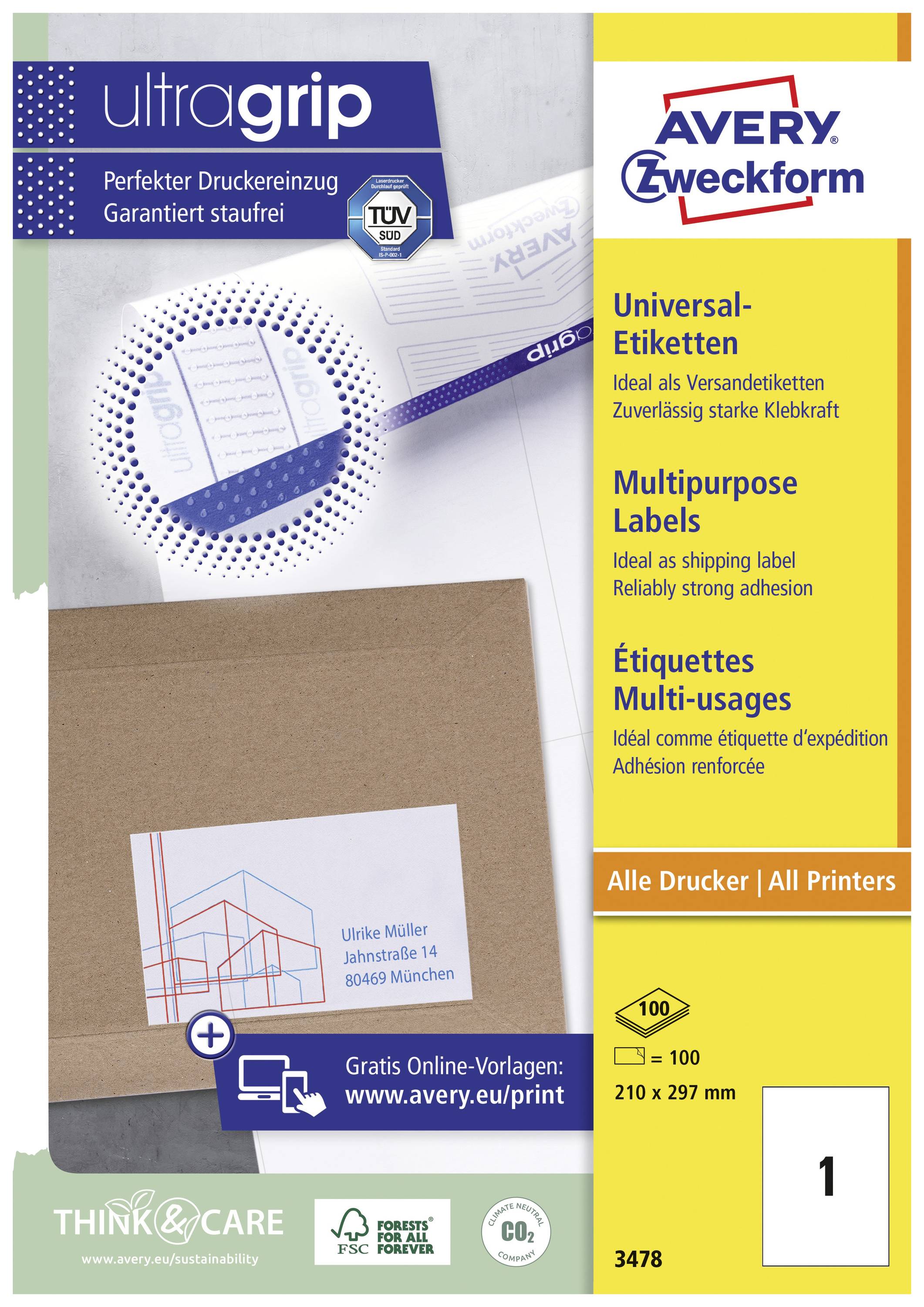 Etikettenverpackung mit AVERY Zweckform Logo, 'Universal-Etiketten' in mehreren Sprachen, Bild eines bedruckten Bogens und Produktinformationen.