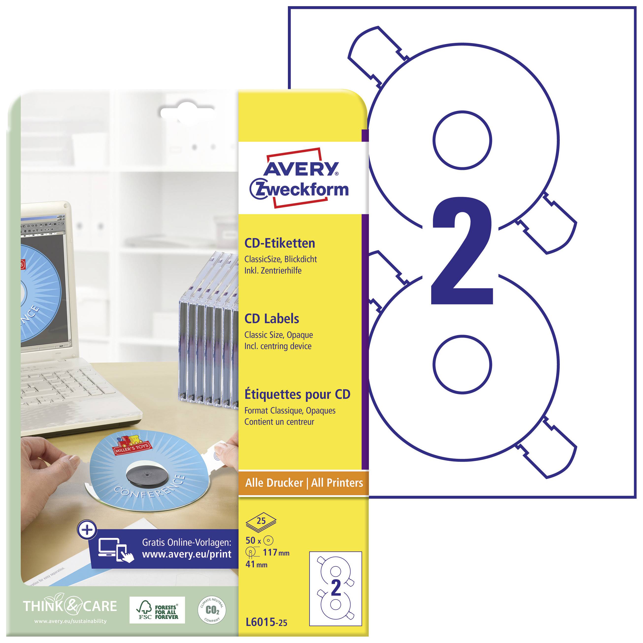 Packung Avery Zweckform CD-Etiketten, 117 mm, L6015-25, für alle Drucker geeignet. Blaues Etikett auf einer 25-Blatt-Box gezeigt.