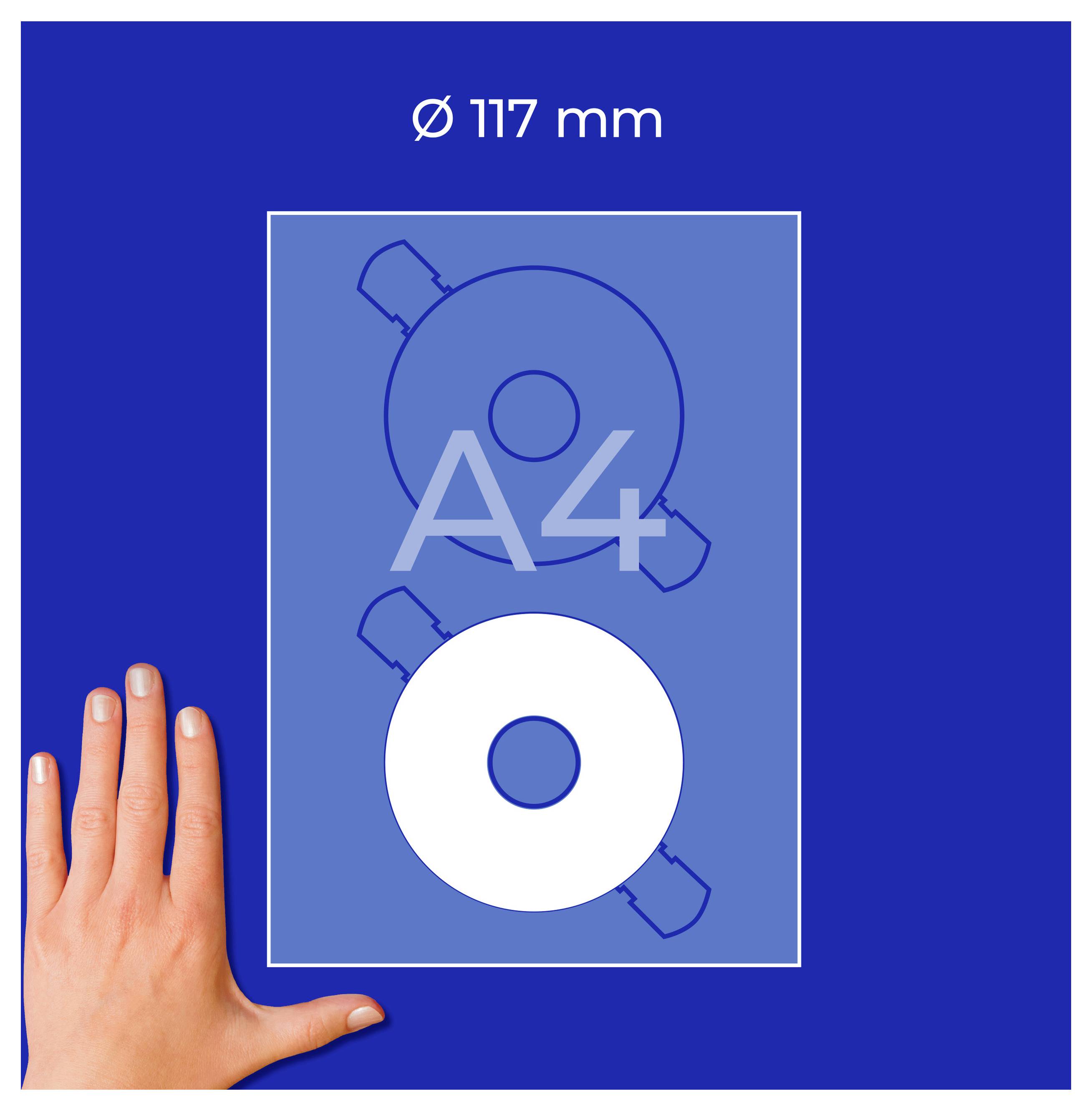 Grafik mit A4- und CD-/DVD-Formatvergleich: oben 'Ø 117 mm', unten kreisförmige Scheibe in einem A4-Rechteck; Hand zeigt Maßstab.