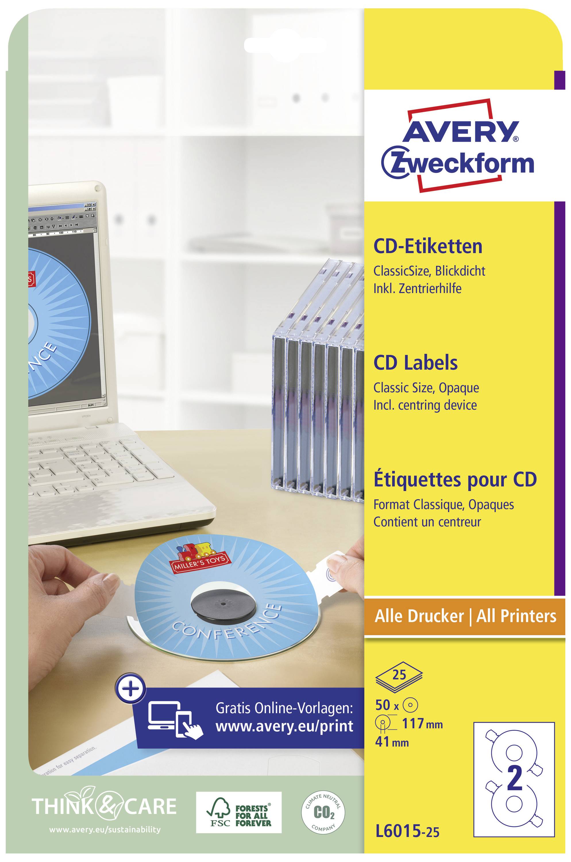 Avery-Zweckform L6015-25 CD-Etiketten Ø 117mm Papier Weiß 50 St. Permanent haftend Tintenstrahldrucker, Laserdrucker
