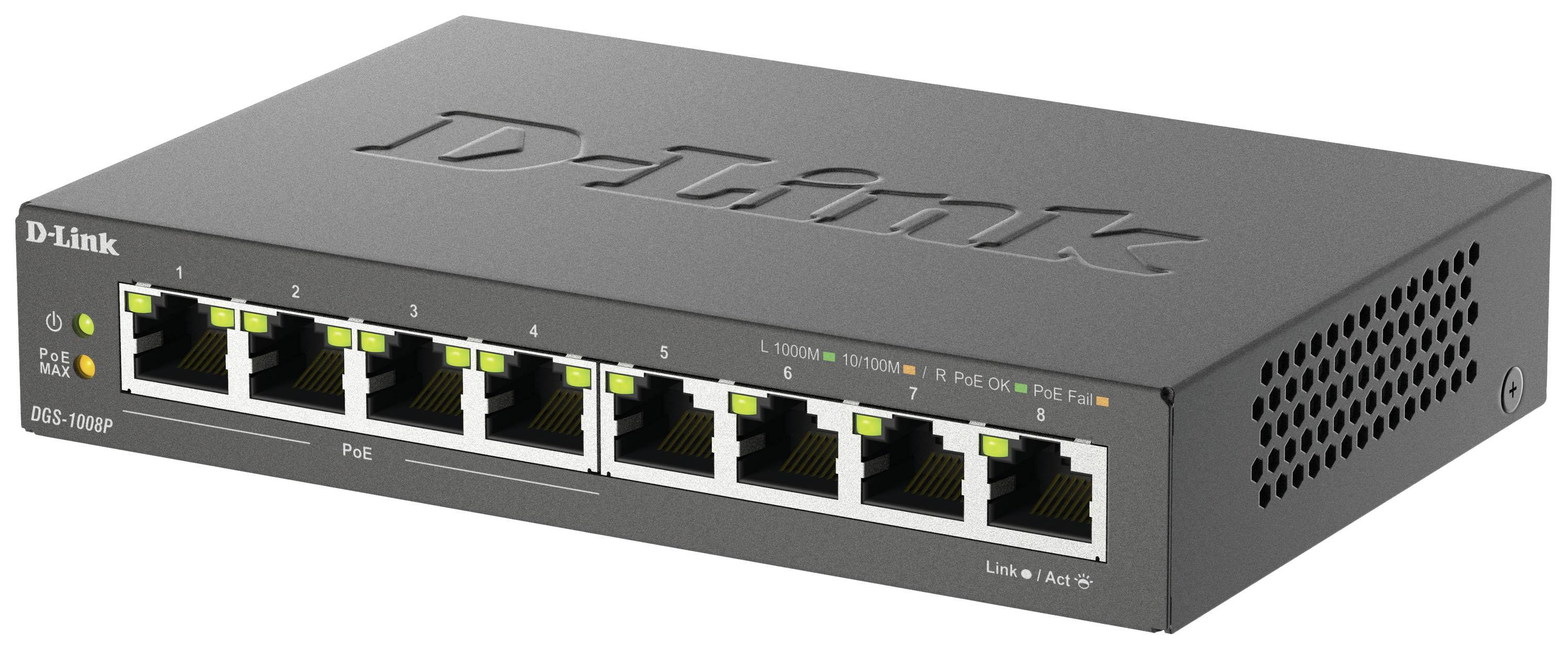Ein schwarzer D-Link Netzwerk-Switch mit acht Ethernet-Ports, teilweise aktiv. Aufdruck 'D-Link' und Modellnummer DGS-1008P.