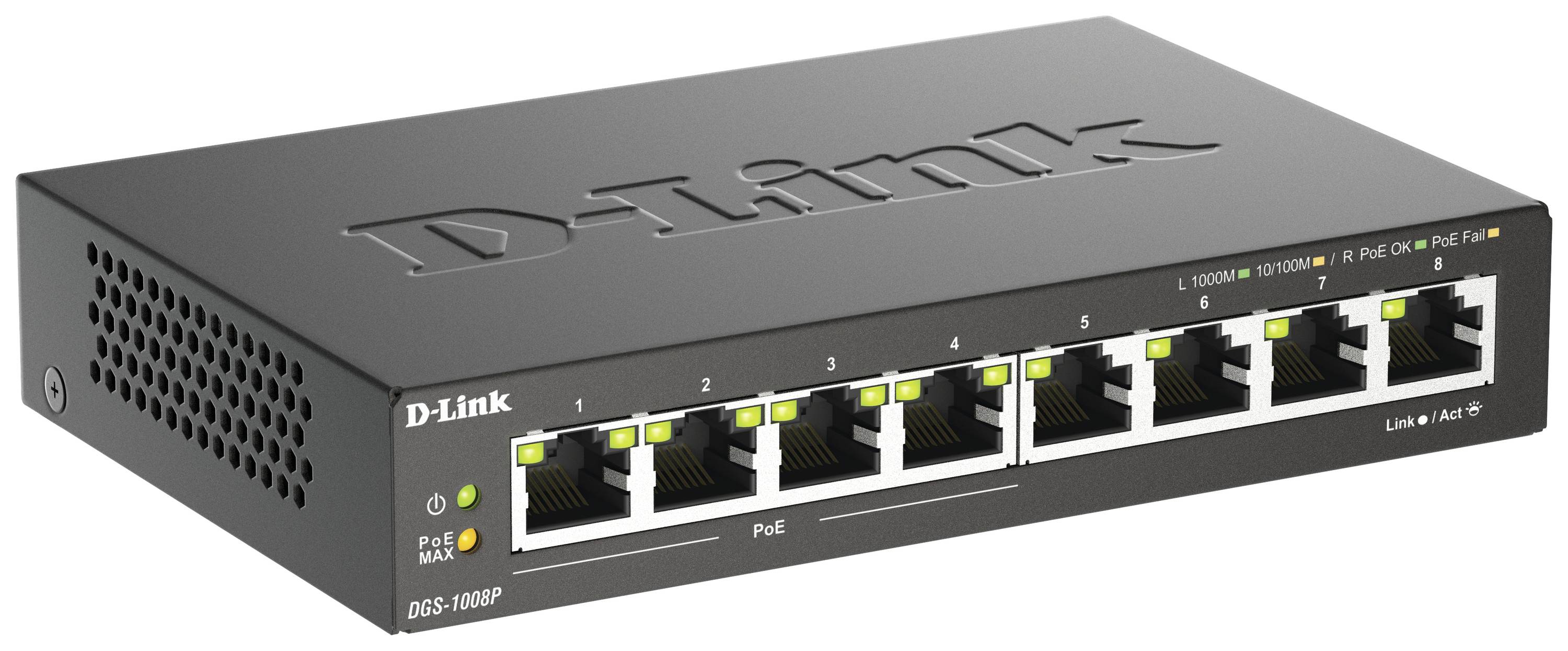 'Netzwerkschalter D-Link DGS-1008P' mit 8 Ethernet-Ports und PoE-Technologie, geeignet für Datennetzwerke und Internetverbindungen.