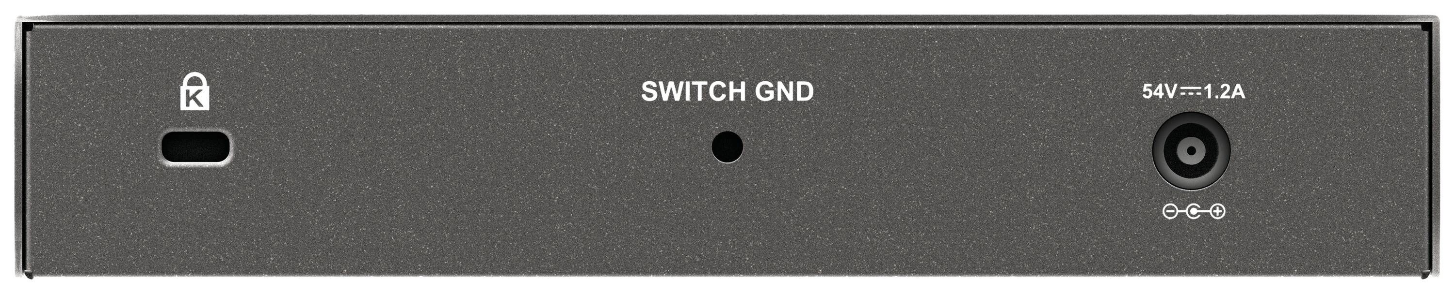 Das Bild zeigt die Rückseite eines elektronischen Geräts mit einem Schalterbeschriftungsfeld 'SWITCH GND', einem Schloss-Symbol und einem Netzanschluss, der mit '54V == 2A' beschriftet ist.