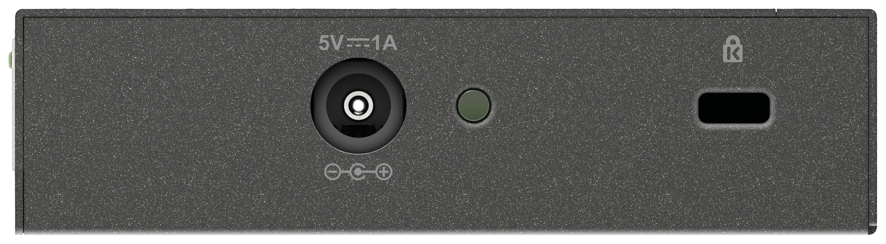 Vorderseite eines elektronischen Geräts mit einem Stromanschluss (5V, 1A), einer LED-Anzeige, einem Schlüsselsymbol und einem Steckschlitz.