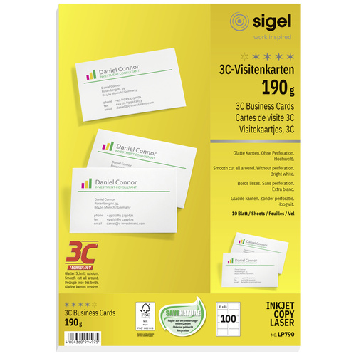 Sigel LP790 Bedruckbare Visitenkarten, glatte Kanten 85 x 55mm Hochweiß 100 St. Papierformat: DIN A4