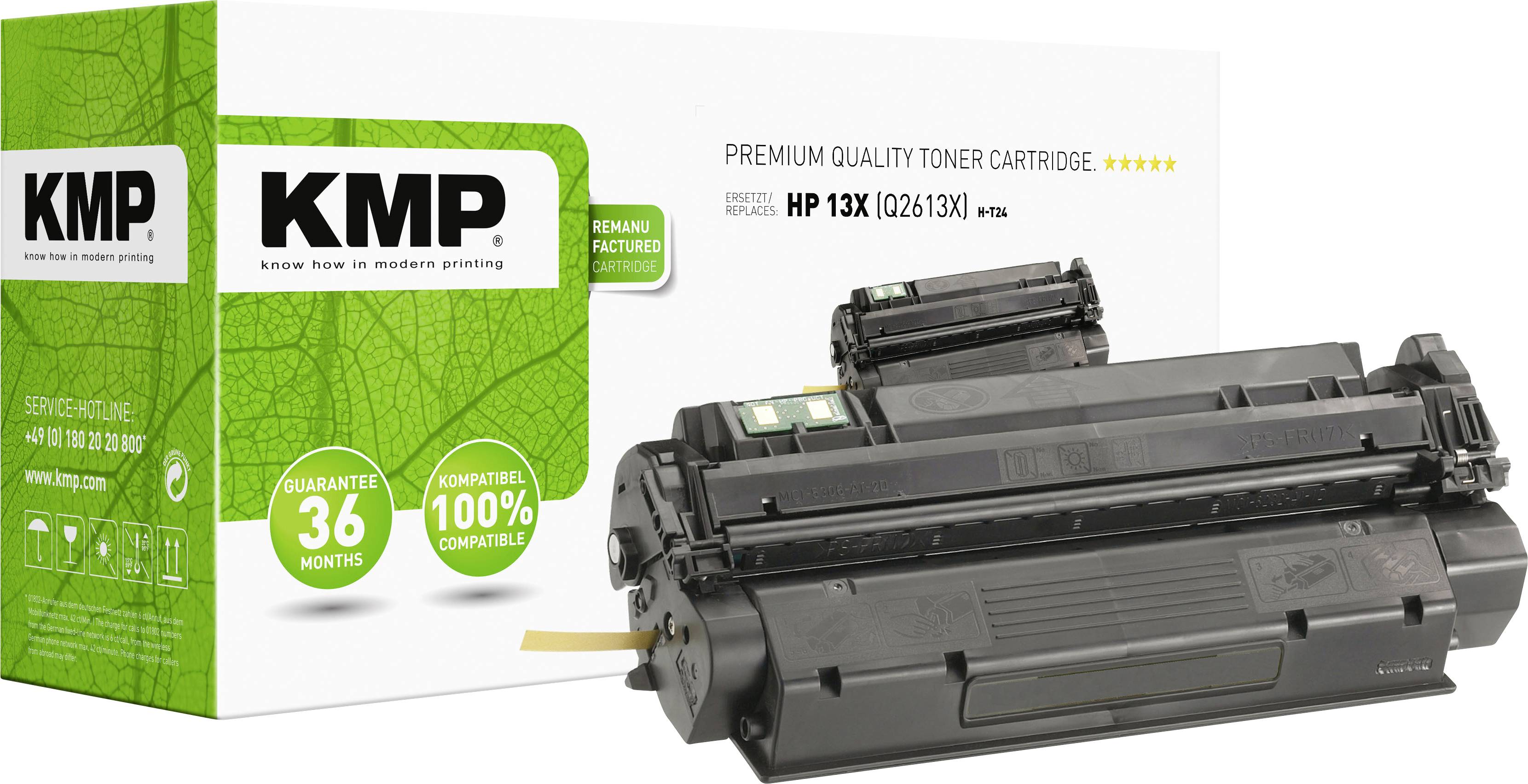 Tonerpatrone und Verpackung 'KMP' für HP 13X. Auf der Verpackung steht: 'Premium Qualität, 100% kompatibel, 36 Monate Garantie'.