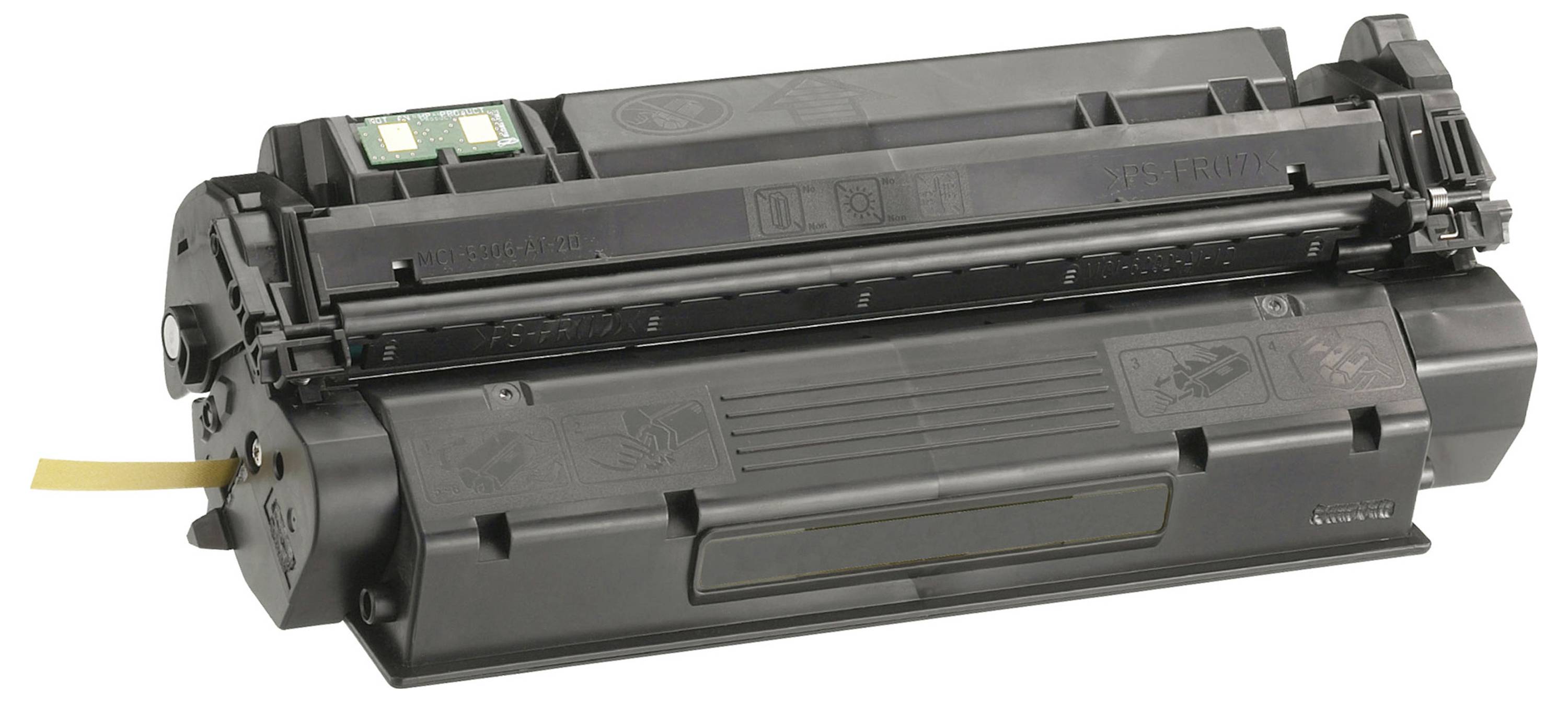 Schwarze Laserdruckertoner-Patrone mit gelbem Abziehstreifen, in Seitenansicht auf weißem Hintergrund gezeigt.