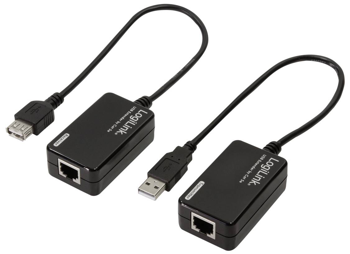 Zwei schwarze Adapter mit USB- und Ethernet-Anschlüssen, verbunden über Kabel. Beschriftung 'LogiLink' auf beiden Geräten.