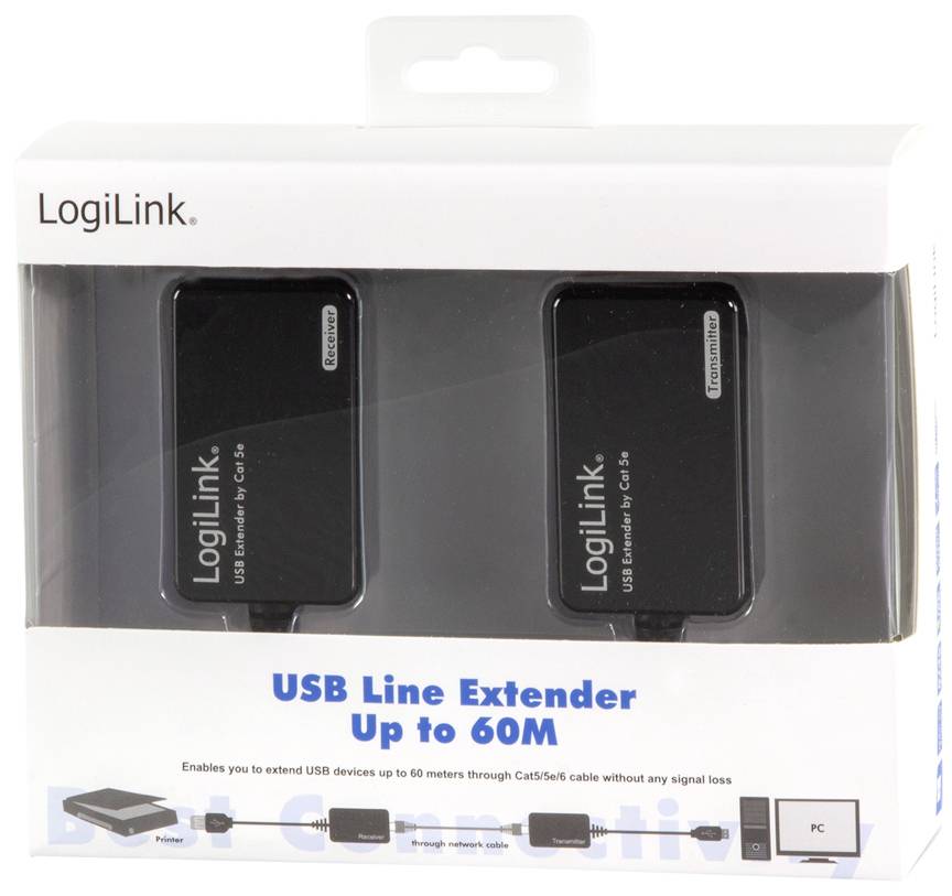 Verpackung eines USB-Line-Extenders von LogiLink, bestehend aus zwei Geräten, die USB-Signale über Cat5e/6-Kabel bis zu 60 Meter erweitern.