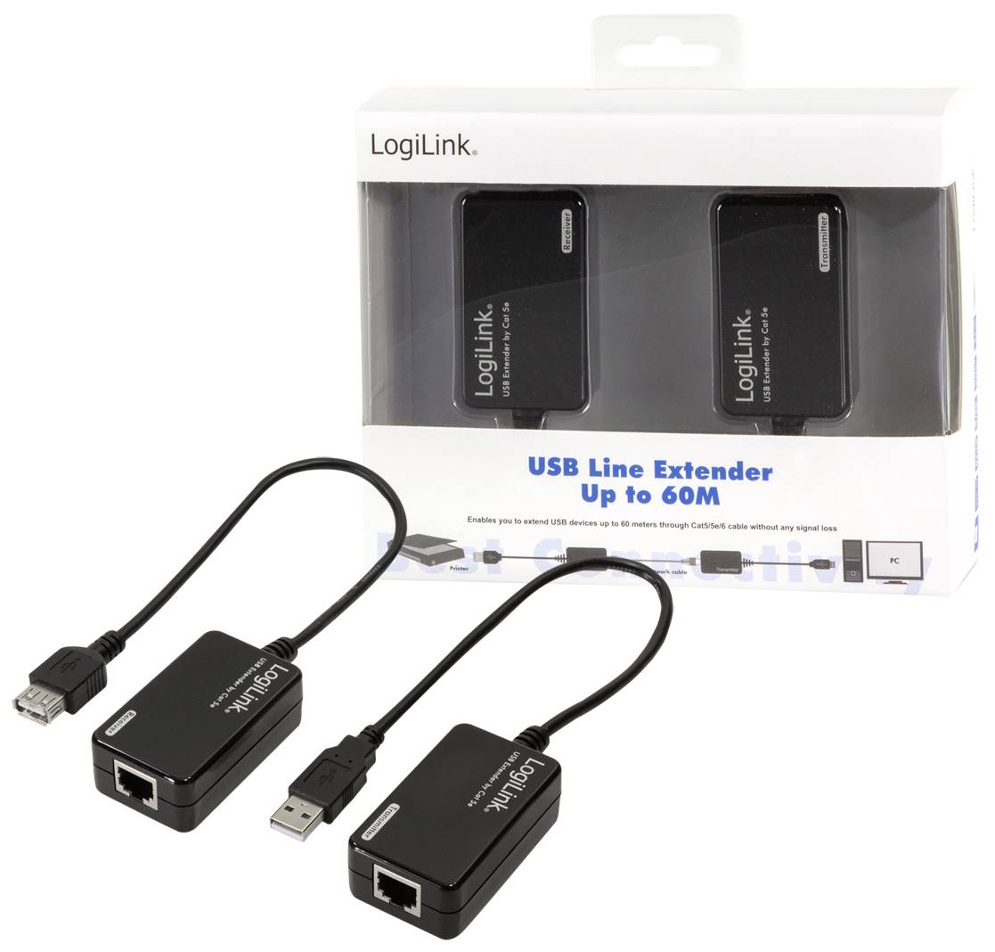 USB Line Extender von LogiLink, erweitert USB-Verbindungen auf bis zu 60 Meter. Enthält zwei Adapter, jeweils mit USB- und Ethernet-Anschlüssen.