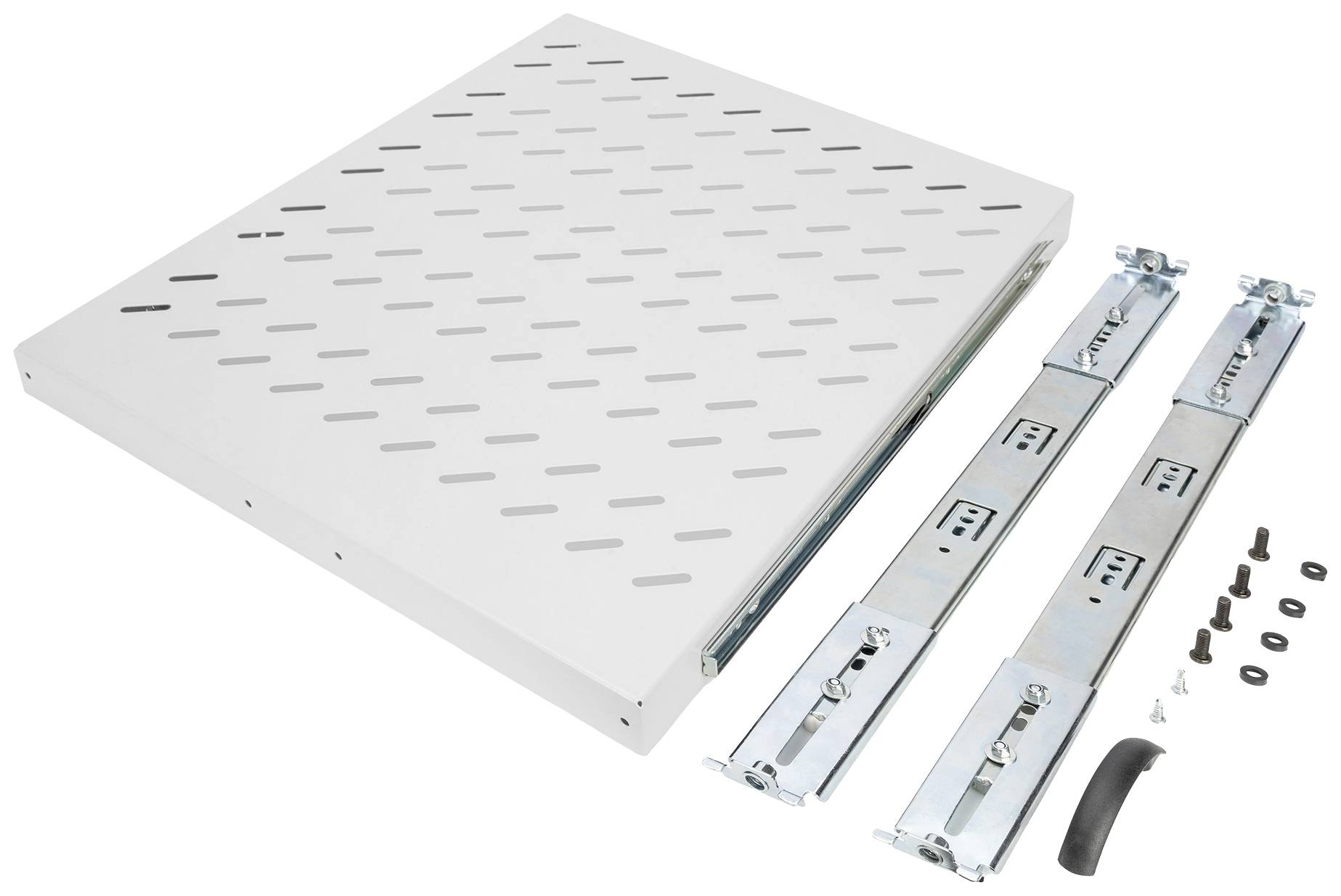 Metallschublade und Zubehörteile zur Montage; enthält Schienen, Schrauben und Griff; geeignet für Möbel oder industrielle Anwendungen.