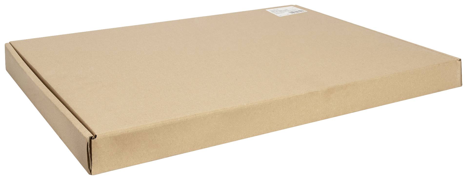 Ein flacher, rechteckiger Karton, wahrscheinlich zum Versand von Postern oder flachen Gegenständen verwendet. Oben rechts befindet sich ein Etikett.