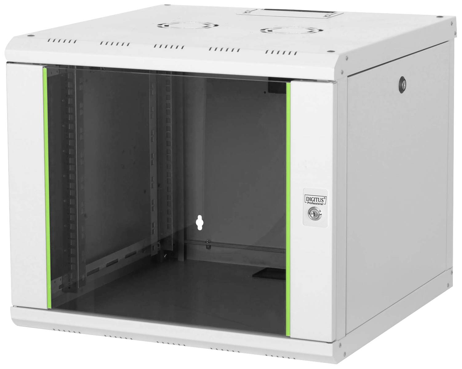 Metallschrank mit Glastür und Schloss, geeignet zur Aufbewahrung von technischen Geräten.