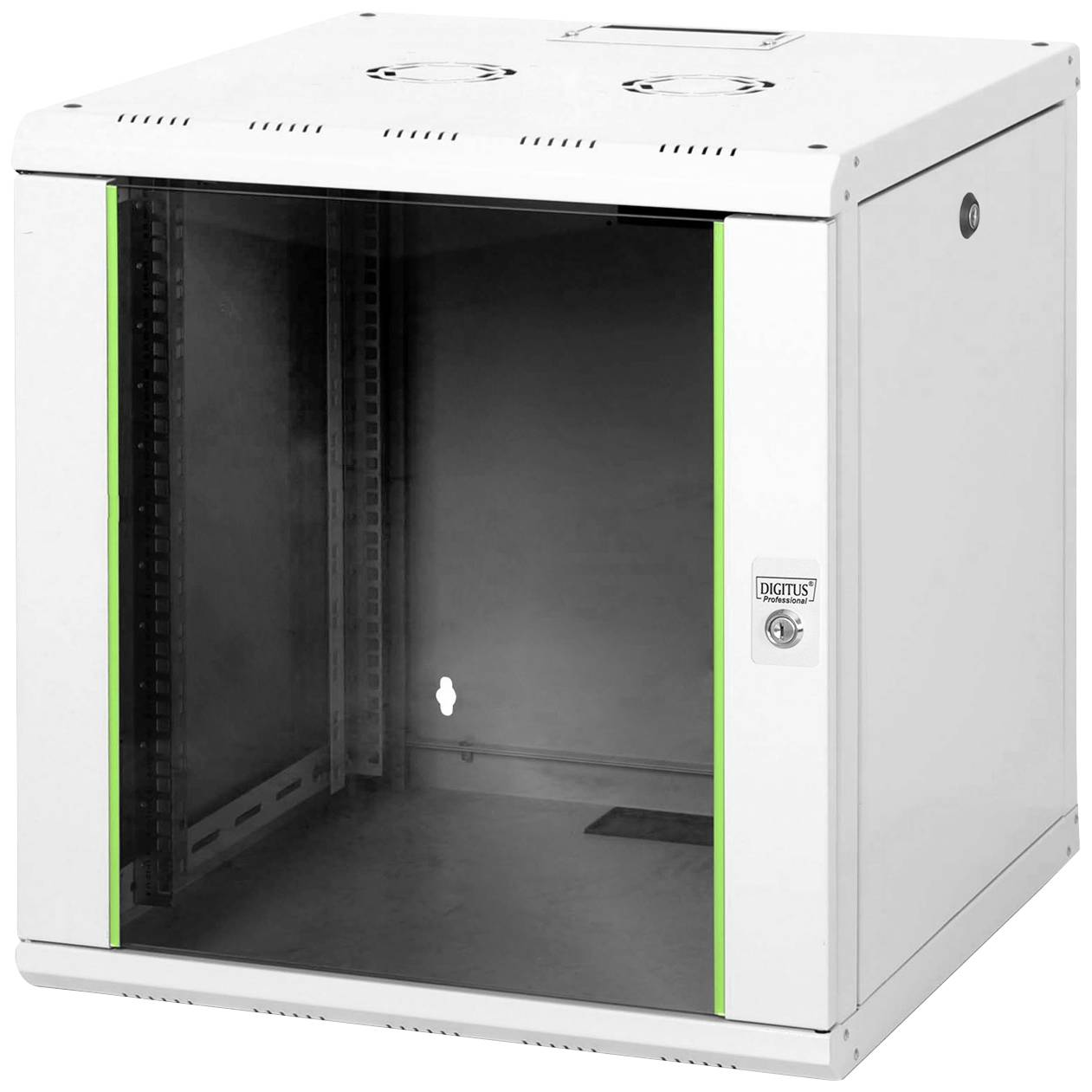 Weißer Netzwerk-Wandschrank mit Glastür, geeignet für Server- und IT-Ausrüstung. Sichere Speicherung mit Belüftungsöffnungen oben.