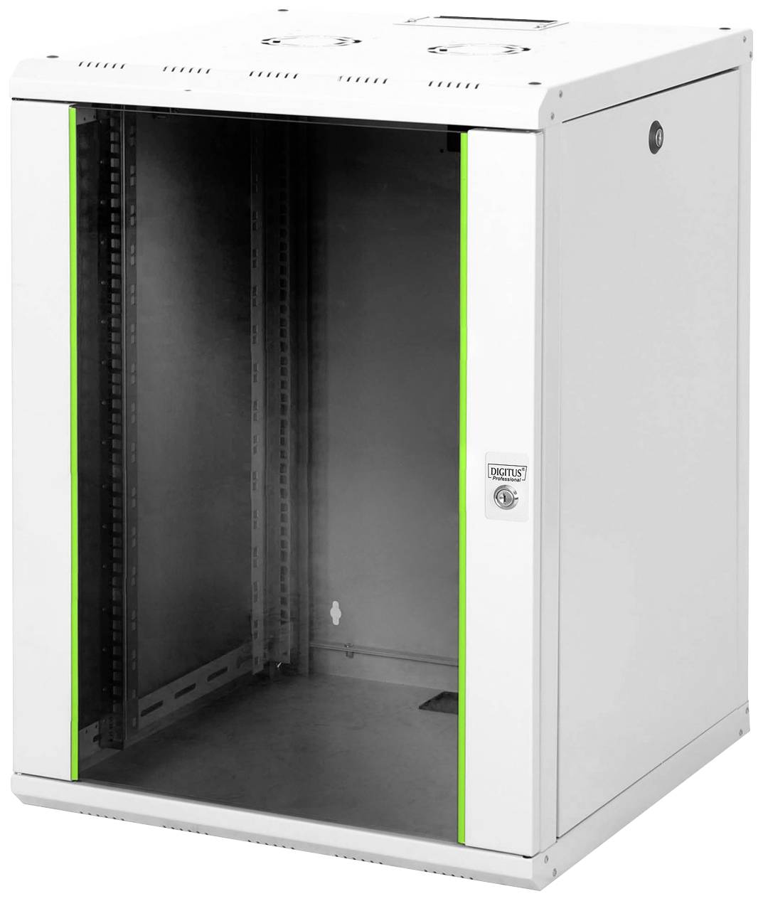Weißer, leerer Netzwerk-Rack-Schrank mit Glastür und grünen Kanten, geeignet zum Installieren von Servern und Netzwerkausrüstung.
