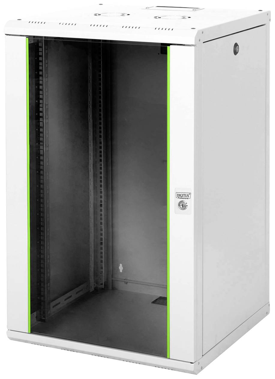 Ein weißer Netzwerk-Schrank mit grünem Leuchten an den Kanten, abschließbarer Tür und offenen Innenraum für Serverausstattung.