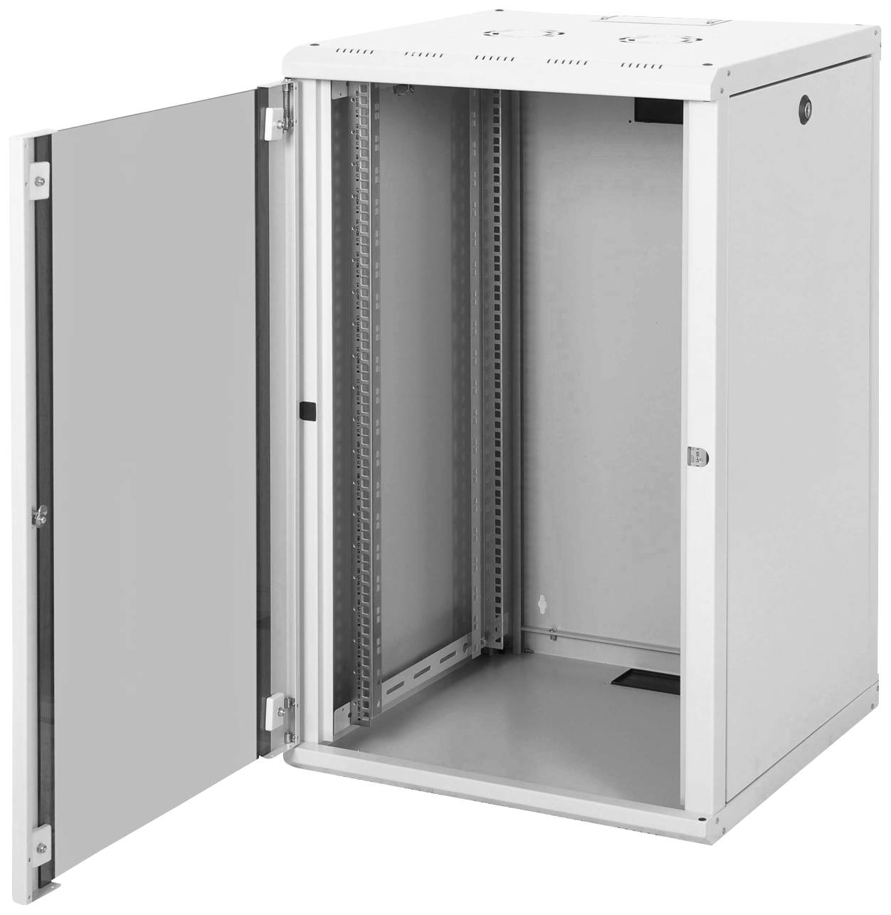 Offener, leerer Metallschrank für Elektronik oder Netzwerkgeräte mit abnehmbarer Tür, geeignet für die Installation von Serverracks.