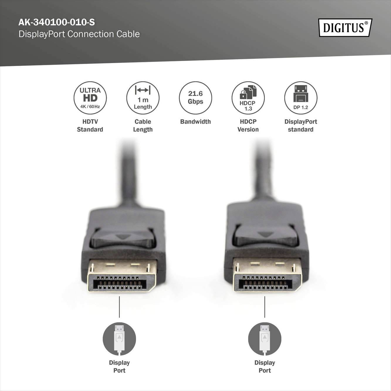 Digitus DisplayPort Anschlusskabel DisplayPort Stecker, DisplayPort Stecker 1.00 m Schwarz AK-34010
