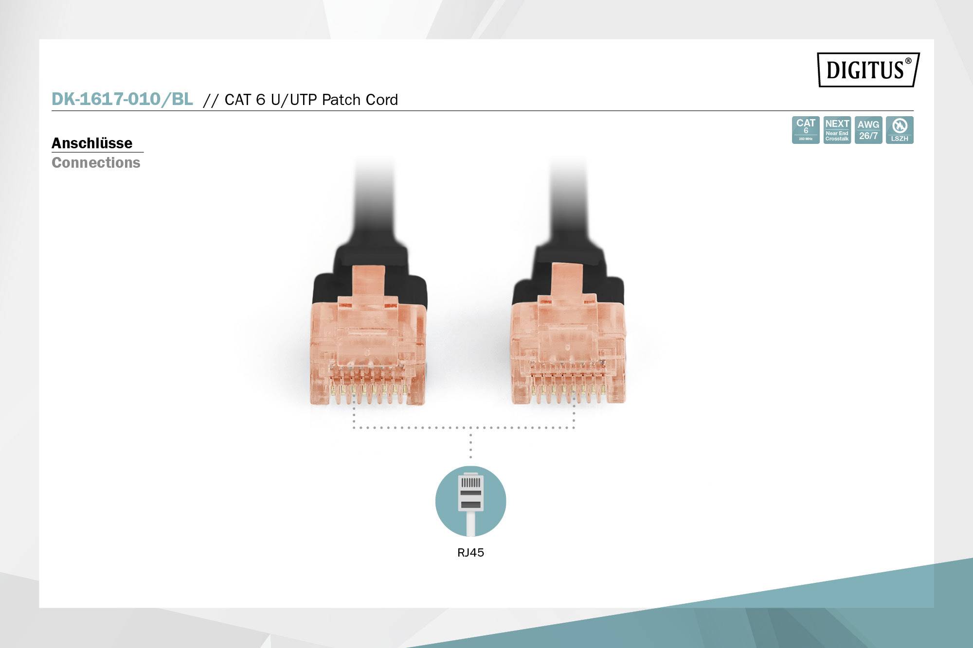Zwei orange RJ45-Stecker mit schwarzem Kabel sind abgebildet. Text: 'CAT 6 U/UTP Patch Cord'. Label zeigt 'CAT 6', 'ROHS', 'AWG 26/7'.