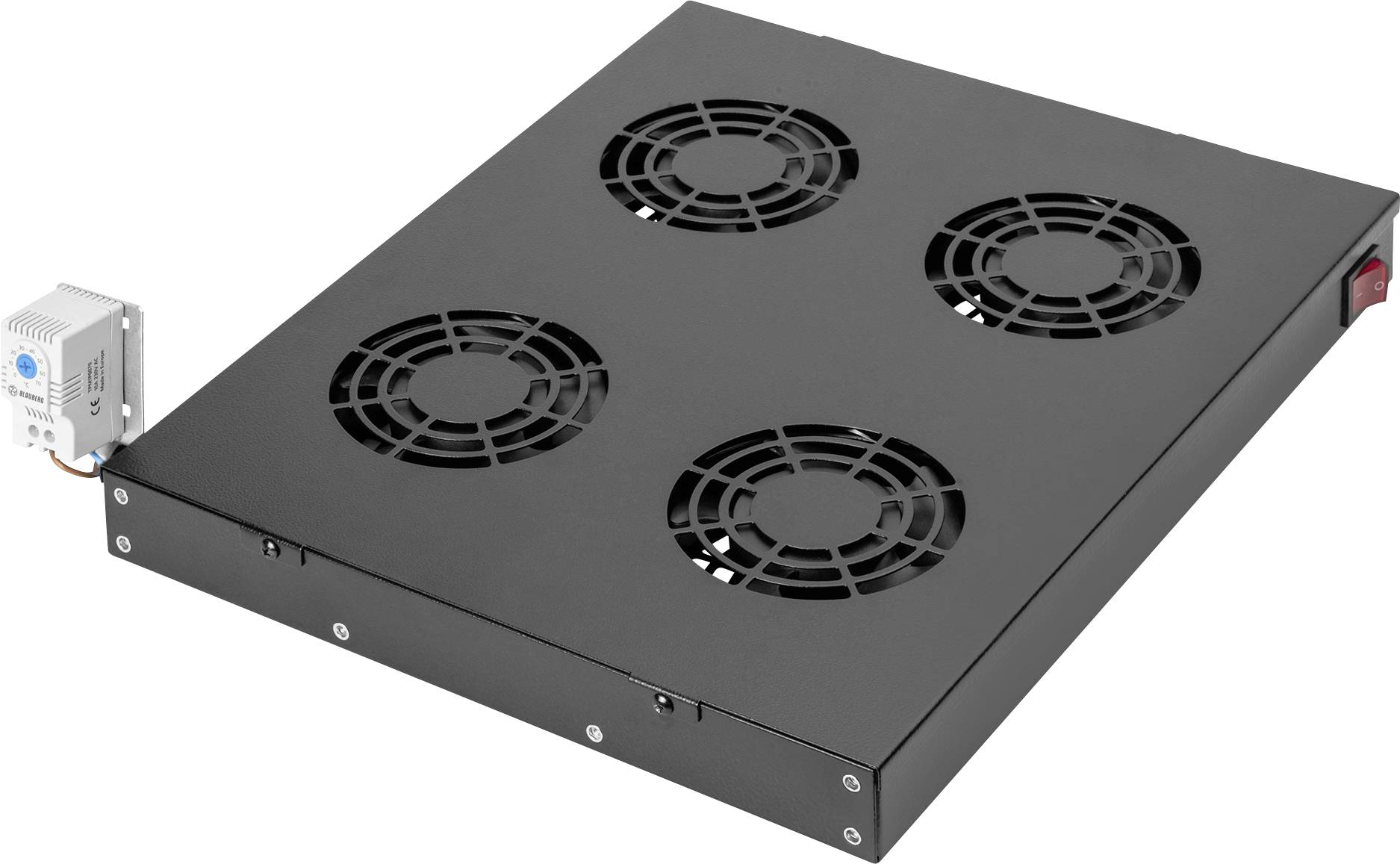Ein schwarzes Metallkühlungslüfterpanel mit vier kreisförmigen Lüftern, das für die Belüftung in elektronischen Geräten oder Serverracks entwickelt wurde.