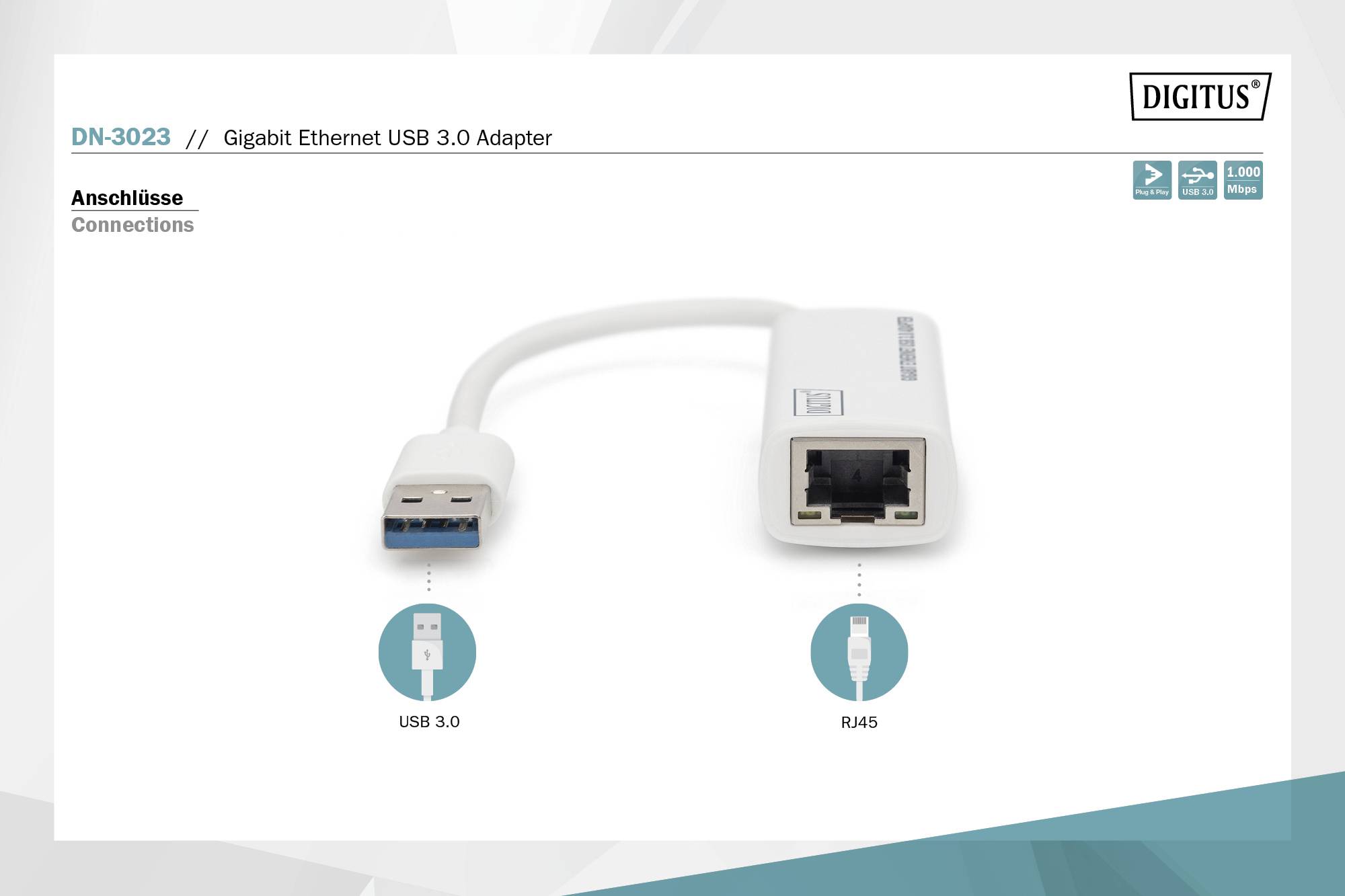'Gigabit Ethernet USB 3.0 Adapter DN-3023' mit Anschlüssen: USB 3.0 und RJ45, geeignet für schnelle Netzwerkverbindungen.