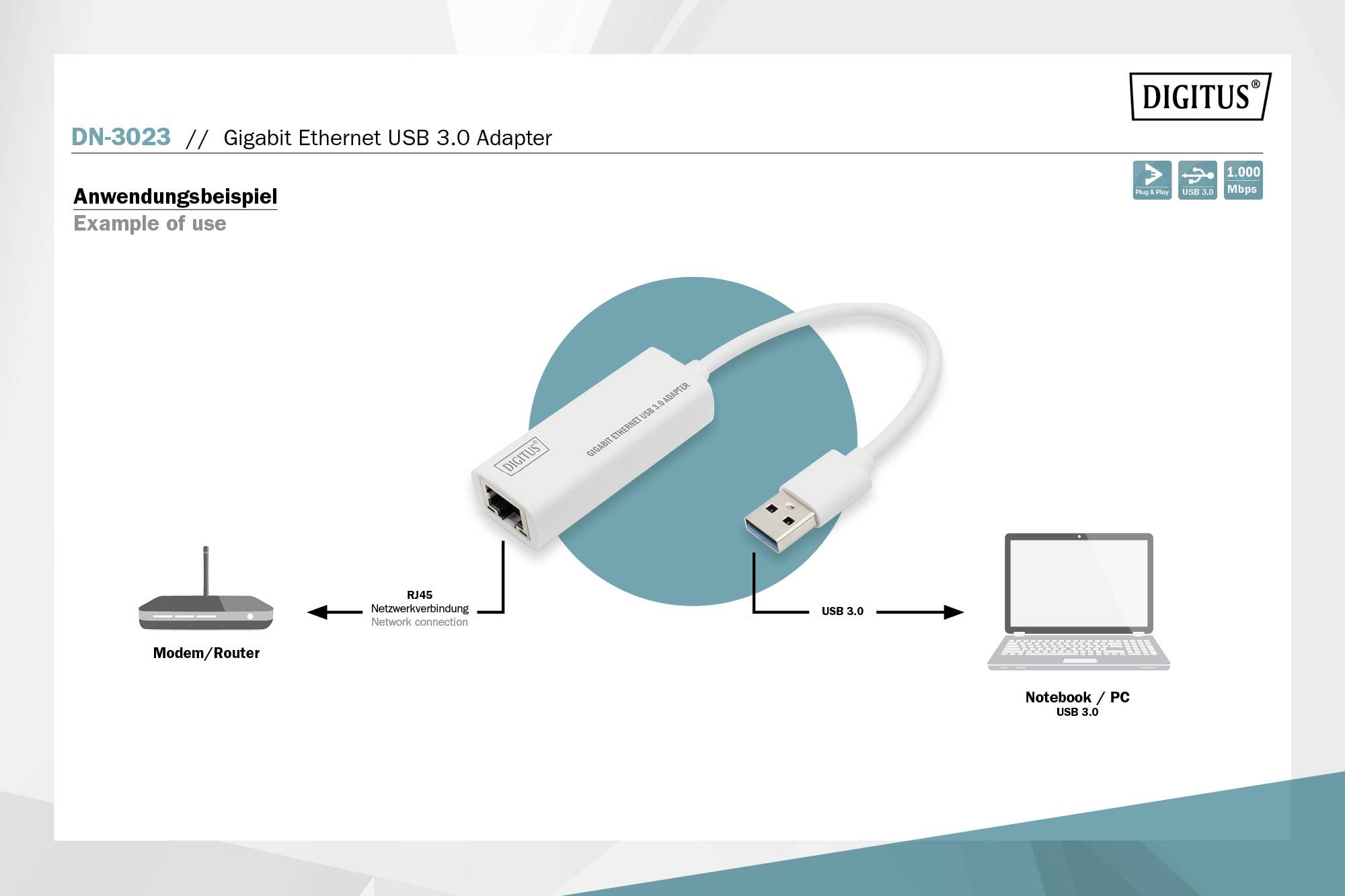 Digitus Netzwerk, USB 3.2 Gen 1 (USB 3.0) Adapter [1x USB 3.0 Stecker A - 1x RJ45] DN-3023 20.00cm Geschirmt