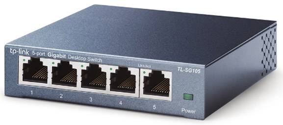Fünfport-Gigabit-Desktop-Switch der Marke TP-Link mit fünf Ethernet-Anschlüssen. Modellnummer TL-SG105.