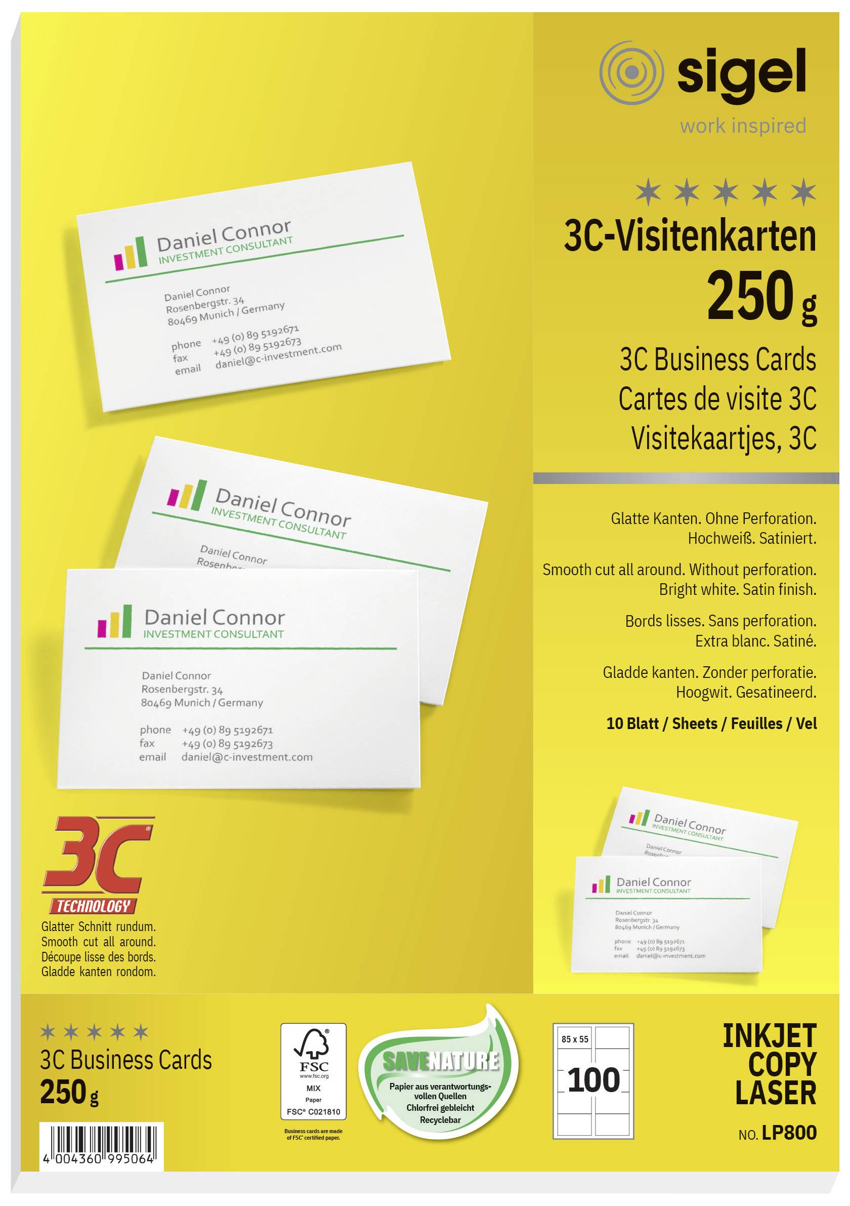 Kartonschachtel mit 3C-Visitenkarten, 250 g/m². Enthält 10 Blätter à 10 Karten. Geeignet für Inkjet und Laser. Marke: Sigel.