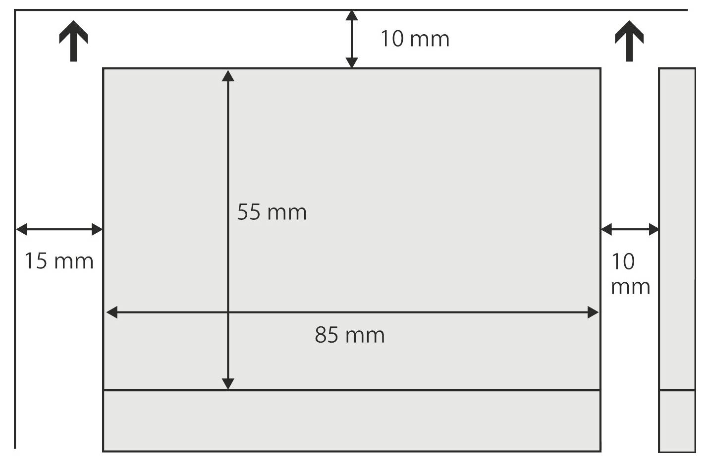 Technisches Diagramm mit einer rechteckigen Platte mit den folgenden Abmessungen: 85 mm breit, 55 mm hoch, 15 mm linker Rand, 10 mm rechter und oberer Rand.