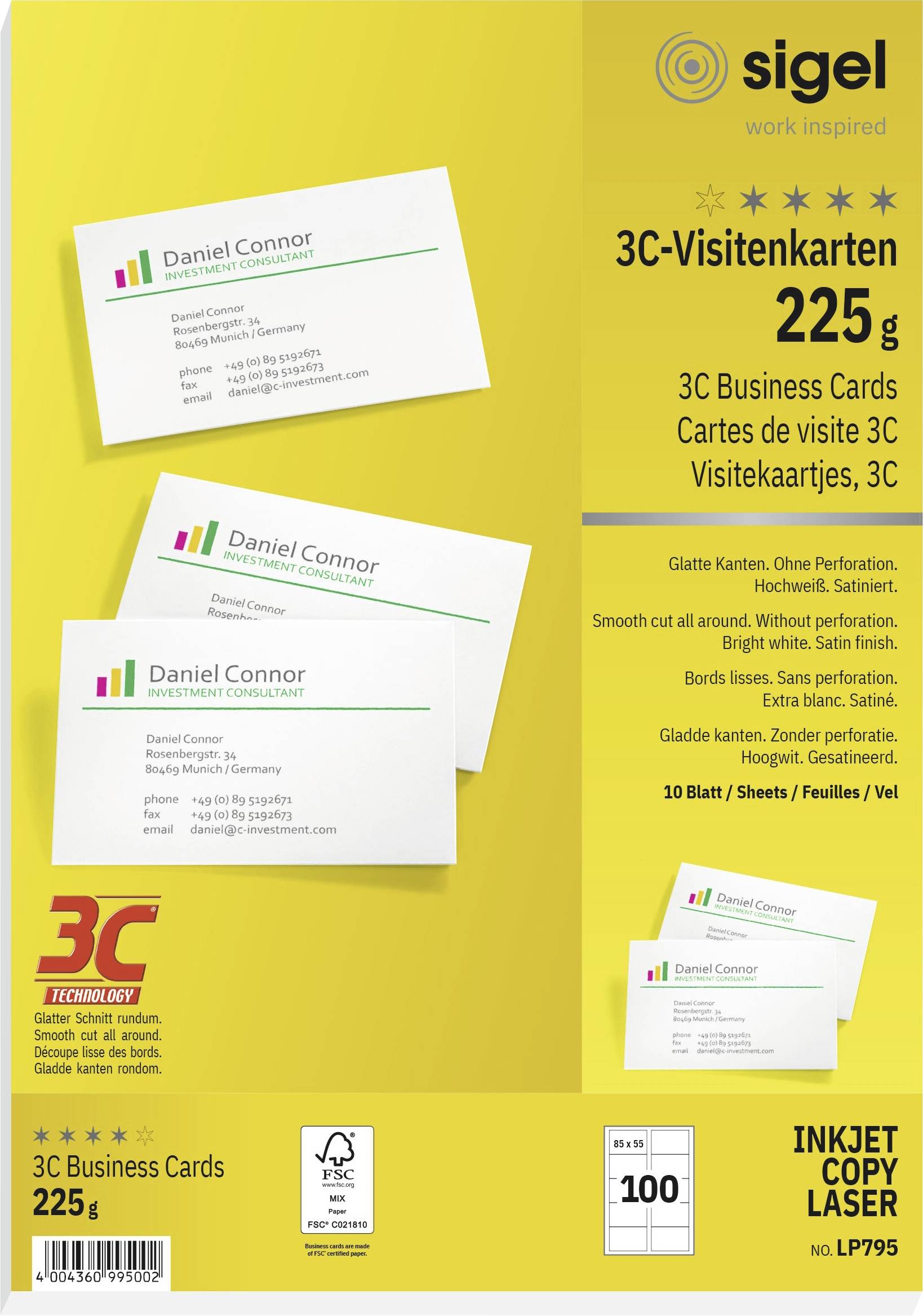 Sigel 3C-Visitenkarten, 225 g, 10 Blatt, glatte Kanten, hochweiß. Geeignet für Inkjet und Laser. Enthält Kontaktkartendesign-Beispiele.