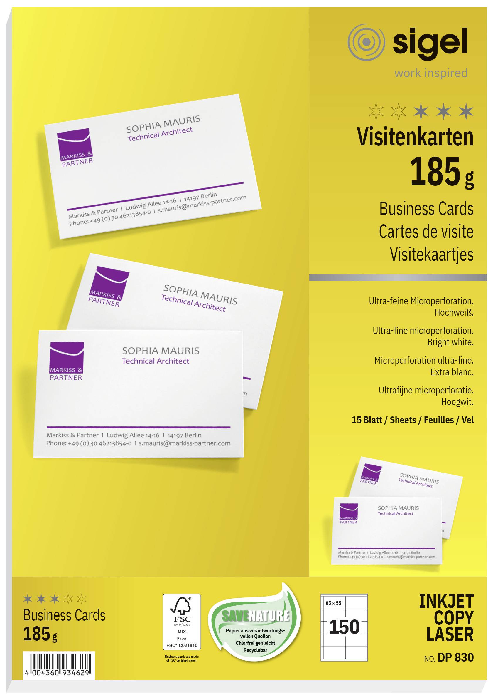 Verpackung für Sigel Visitenkartenpapier, 185 g, für Inkjet- und Laserdrucker, 150 Karten. Enthält schematische Visitenkartenabbildung.