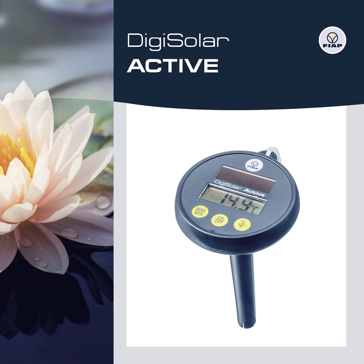 Digitales Messgerät mit Bildschirmanzeige, umgeben von Pflanzen. Text 'DigiSolar ACTIVE' sichtbar.