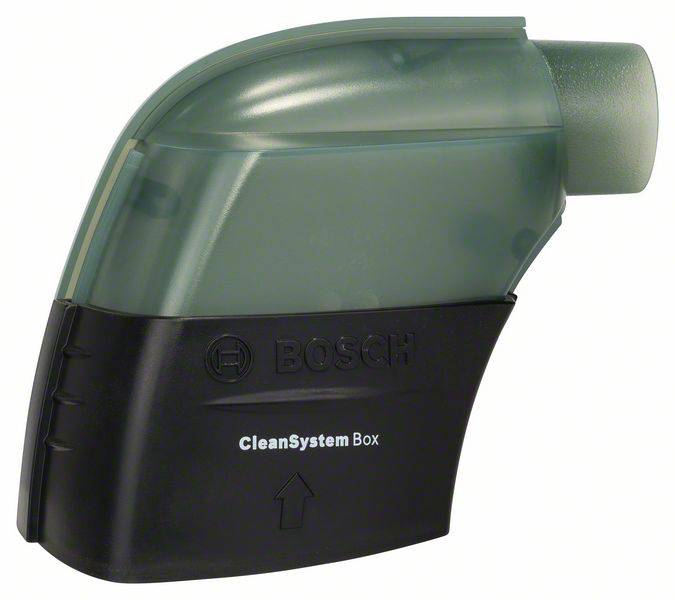 Ein Aufsatz für ein Bosch-Reinigungsgerät, genannt 'CleanSystem Box'. Hervorgehoben ist ein Pfeil nach oben.