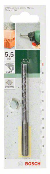 Bohrer-Verpackung von Bosch, 5,5 mm für Beton und Metall. Abbildung des Bohrers und Anwendungsbeispiele oben links.